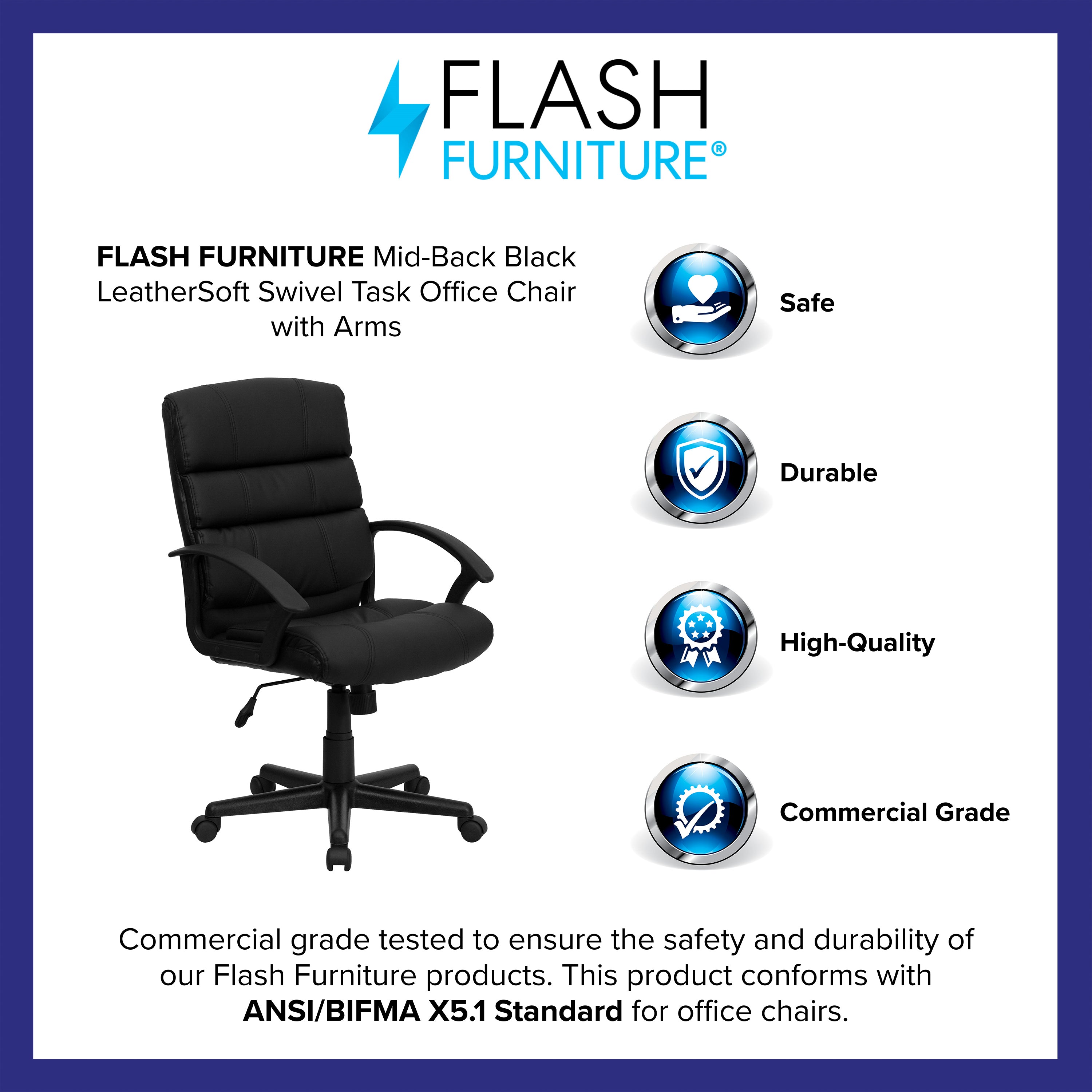 Lane Mid-Back Black LeatherSoft Swivel Task Office Chair with Arms