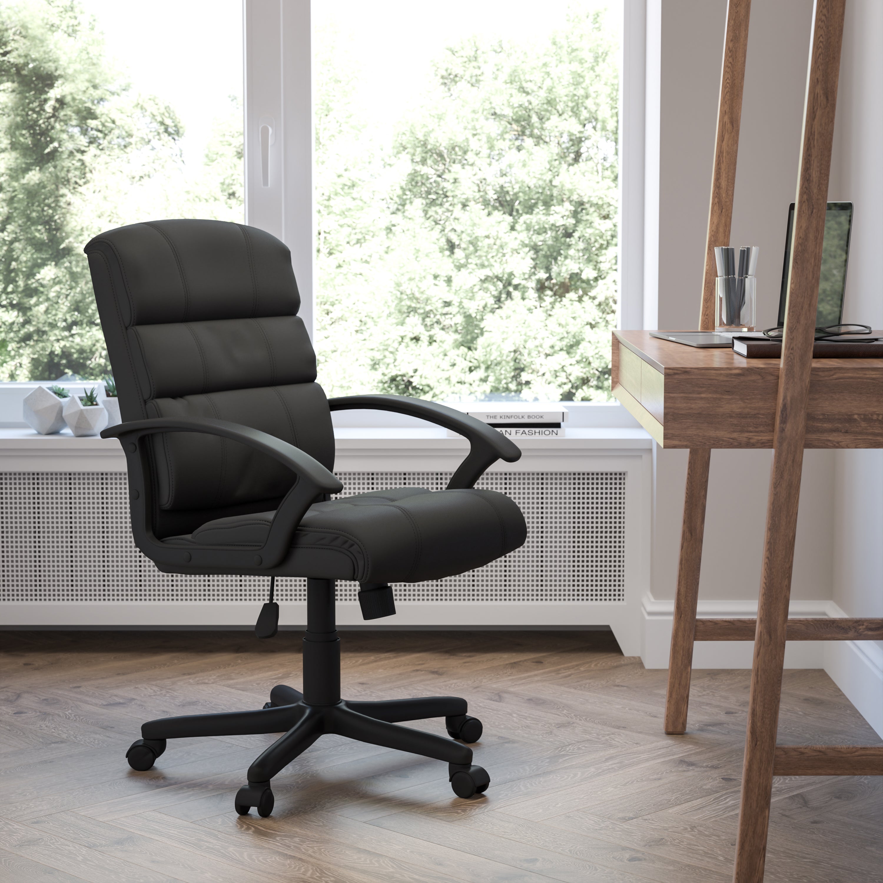 Lane Mid-Back Black LeatherSoft Swivel Task Office Chair with Arms