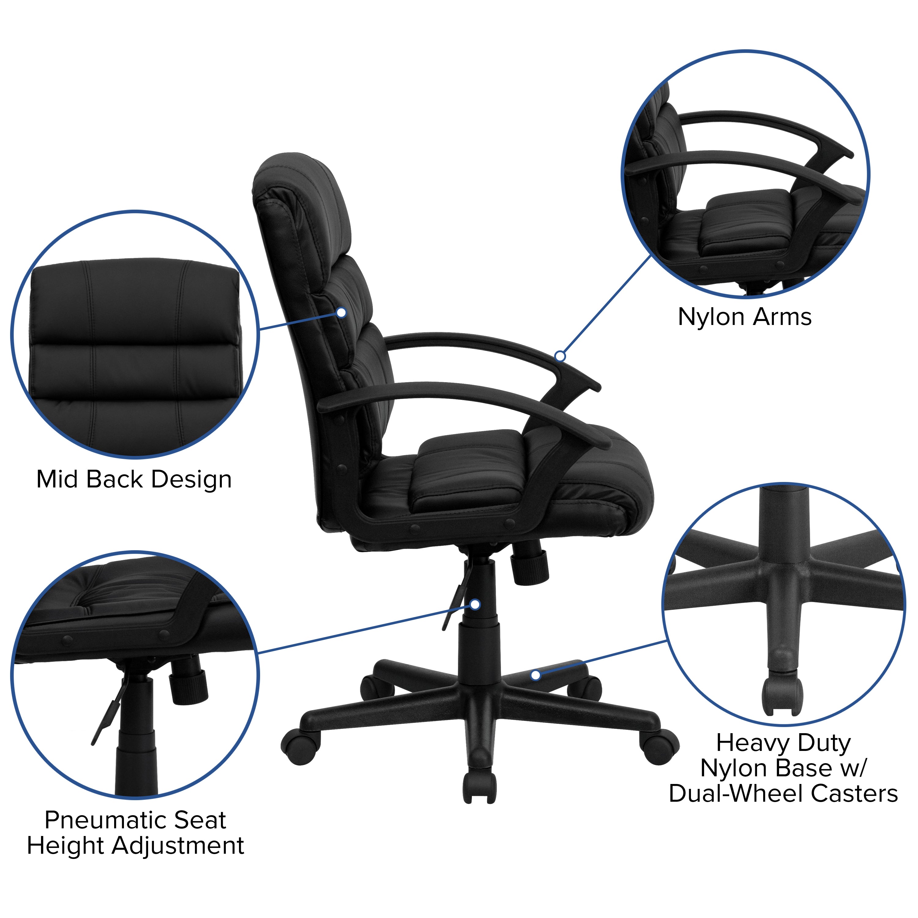 Lane Mid-Back Black LeatherSoft Swivel Task Office Chair with Arms