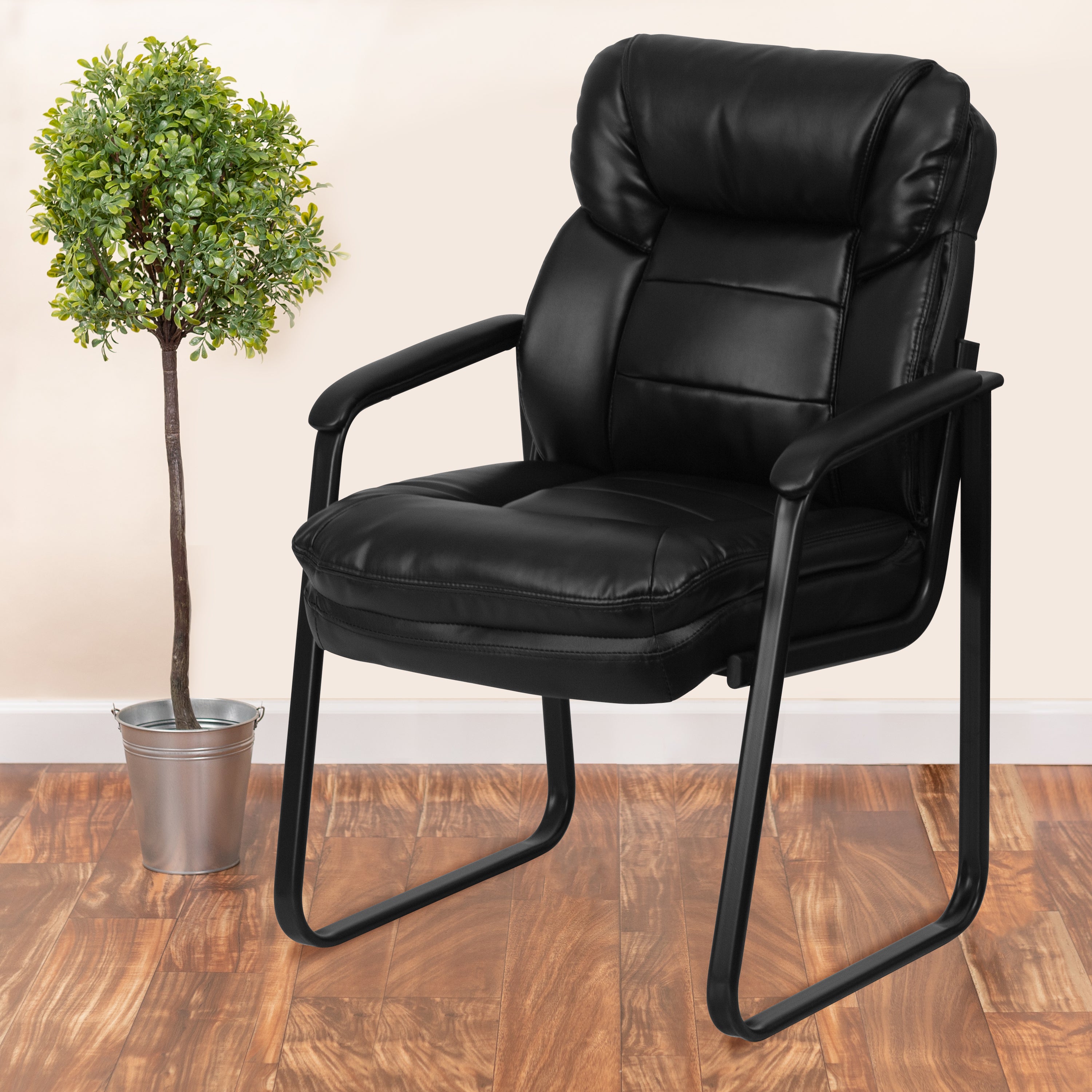 Isla Black LeatherSoft Executive Side Reception Chair with Lumbar Support and Sled Base