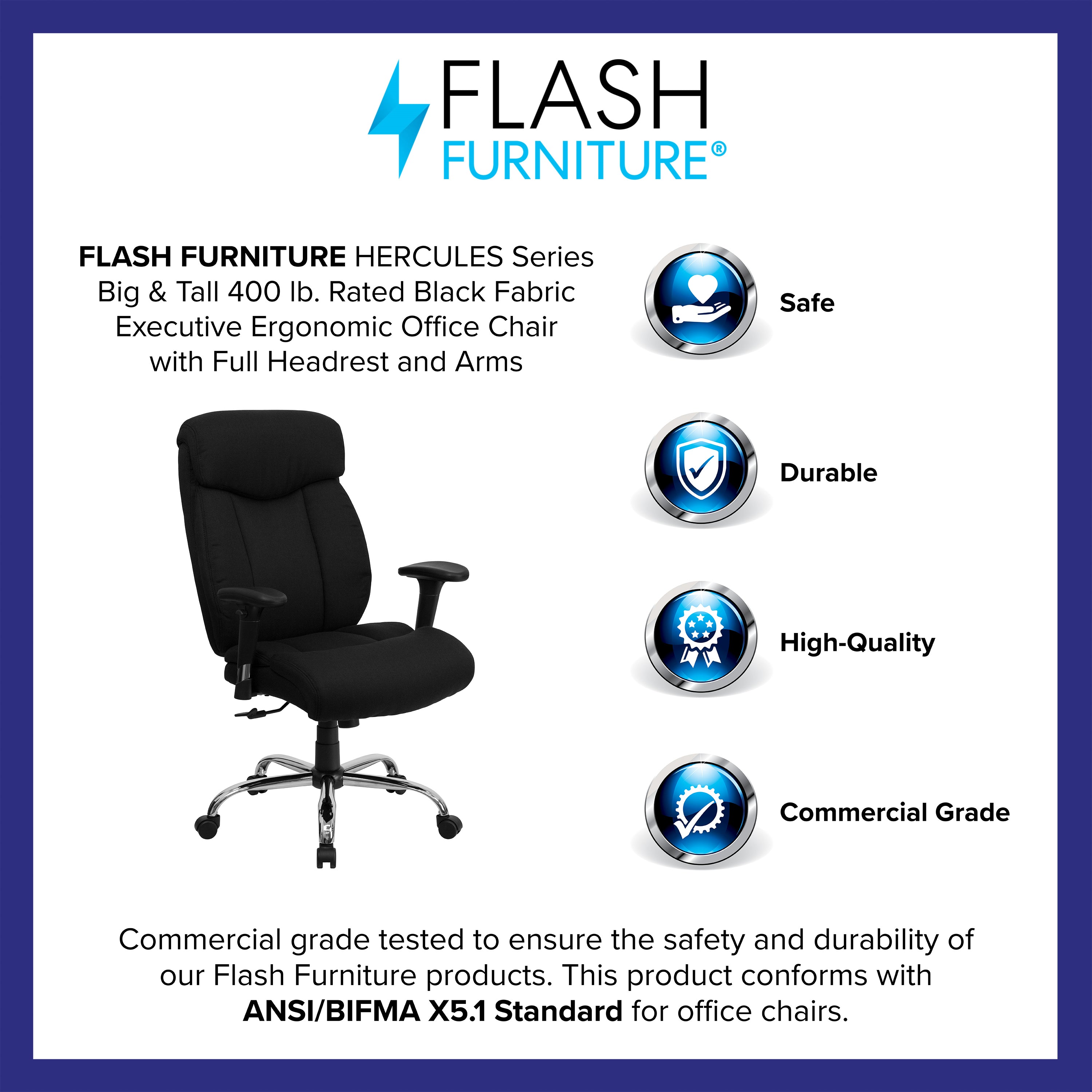 HERCULES Series Big & Tall 400 lb. Rated Black Fabric Executive Ergonomic Office Chair with Full Headrest and Arms