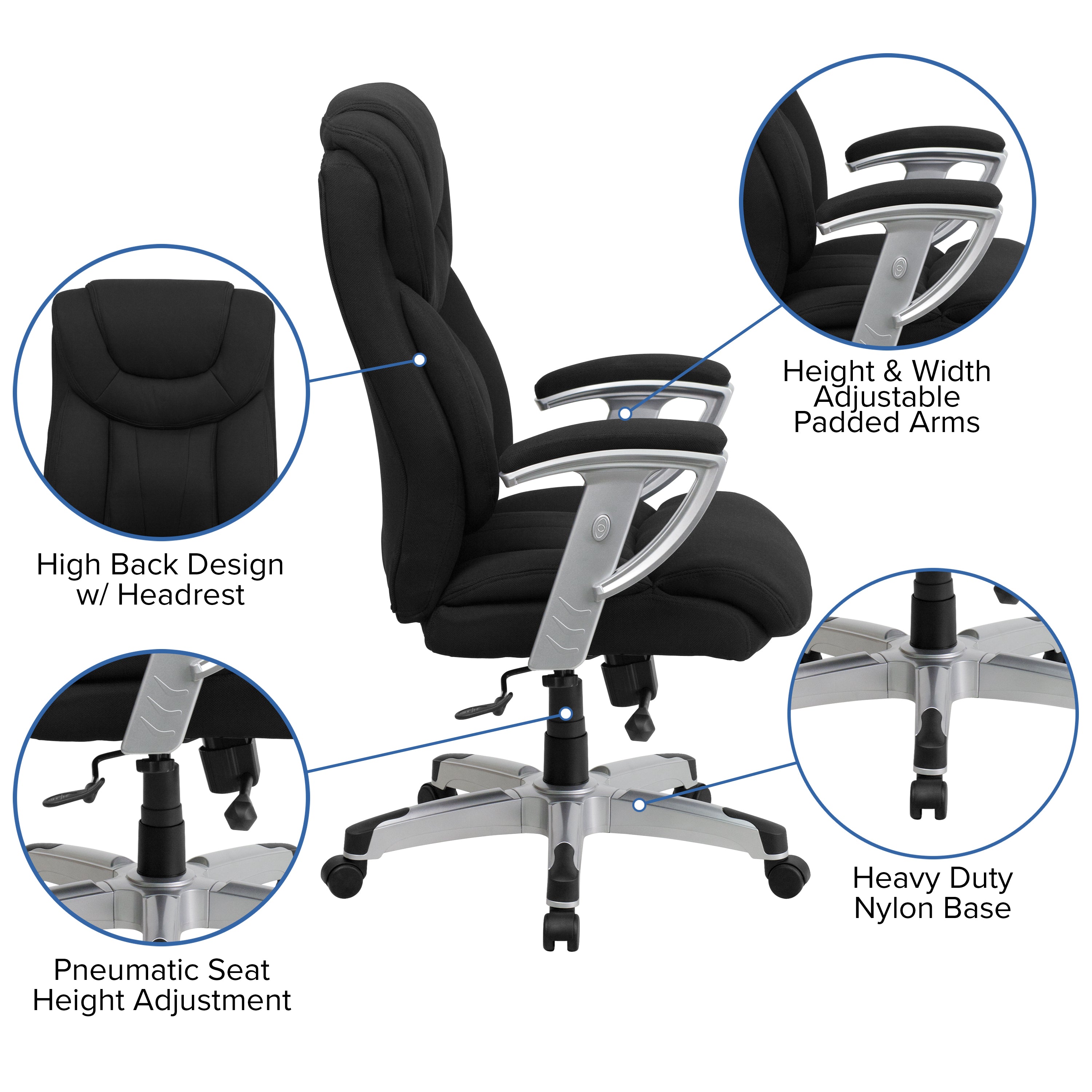 HERCULES Series Big & Tall 400 lb. Rated Black Fabric Executive Ergonomic Office Chair with Silver Adjustable Arms