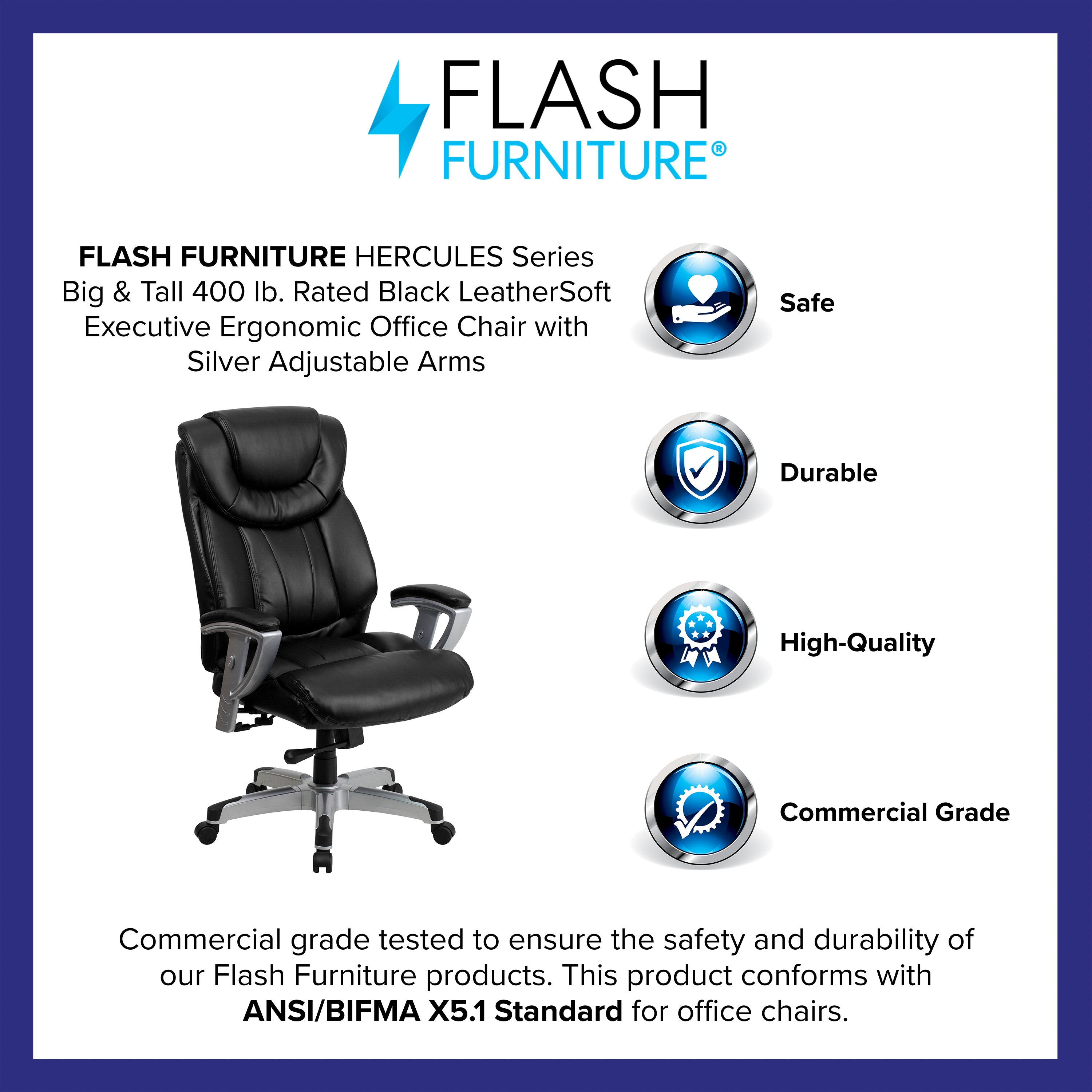 HERCULES Series Big & Tall 400 lb. Rated Black LeatherSoft Executive Ergonomic Office Chair with Silver Adjustable Arms