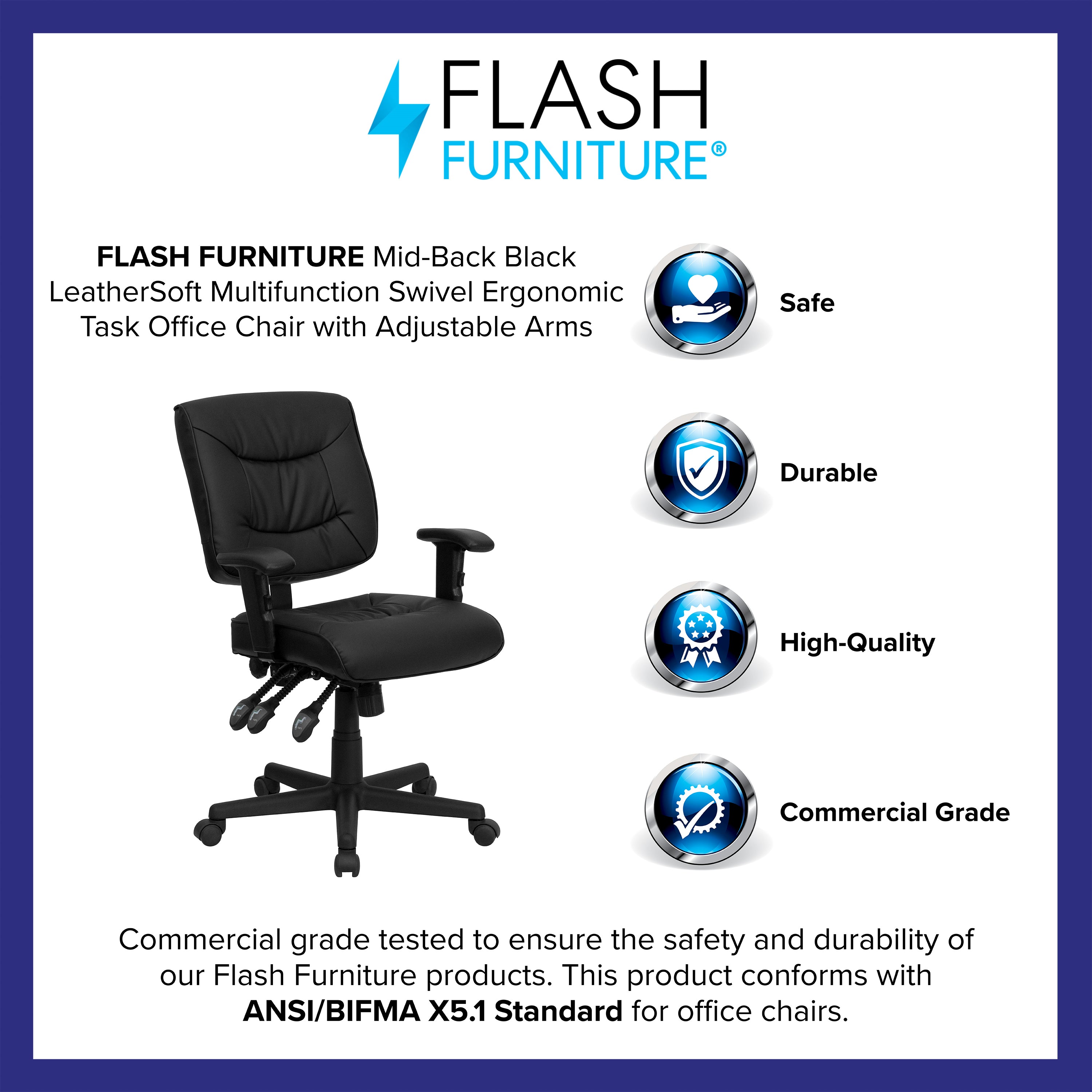 Cole Mid-Back Black LeatherSoft Multifunction Swivel Ergonomic Task Office Chair with Adjustable Arms
