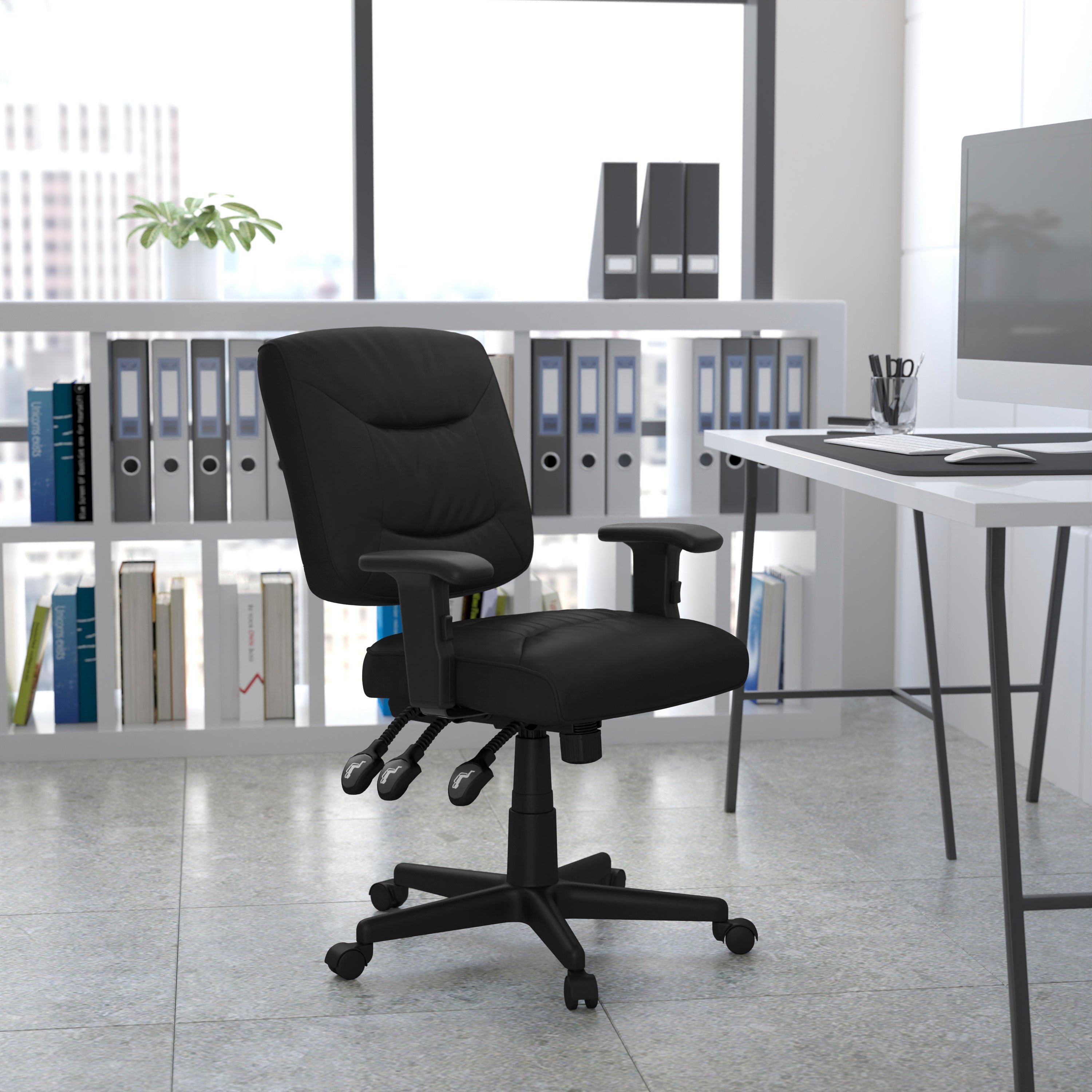 Cole Mid-Back Black LeatherSoft Multifunction Swivel Ergonomic Task Office Chair with Adjustable Arms