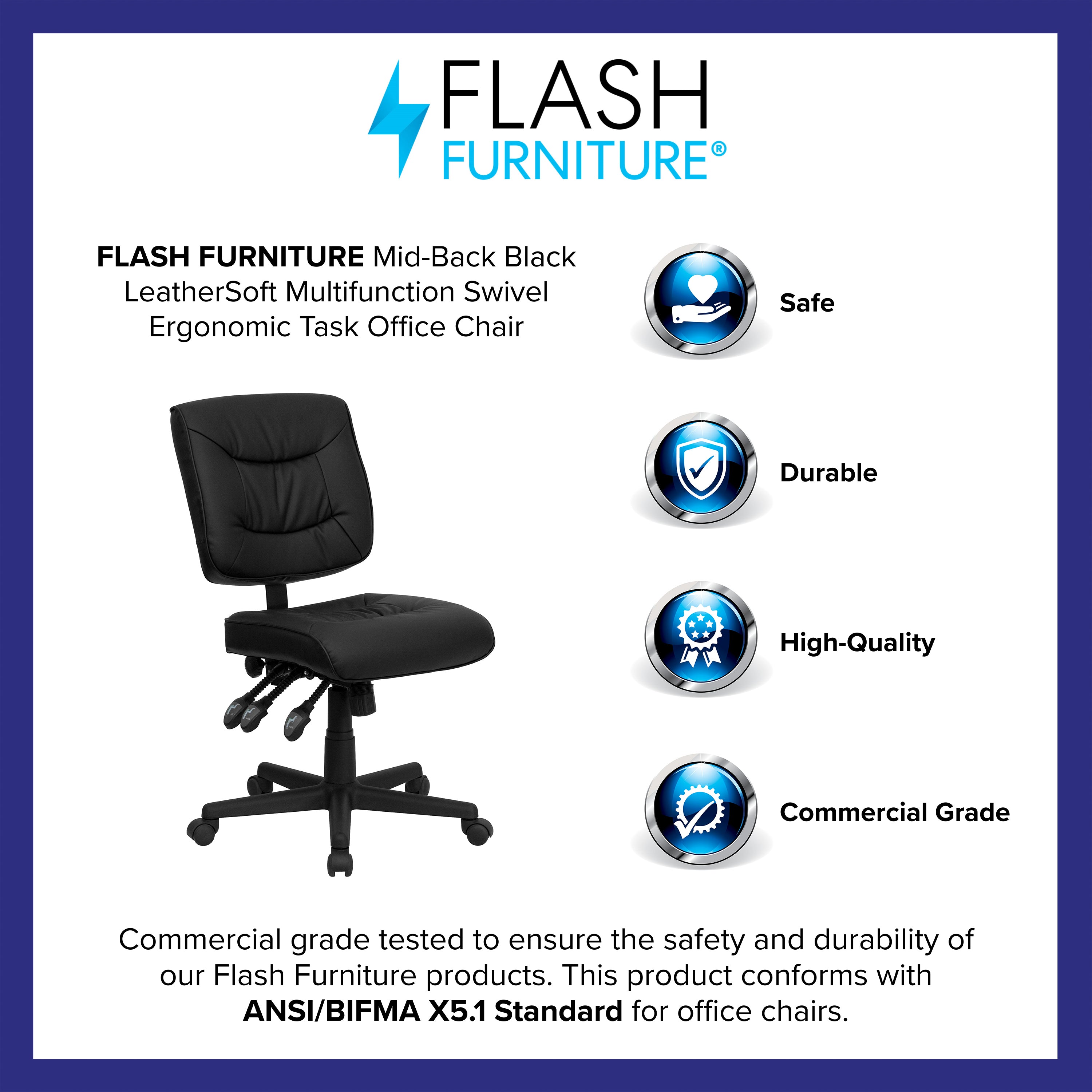 Cole Mid-Back Black LeatherSoft Multifunction Swivel Ergonomic Task Office Chair