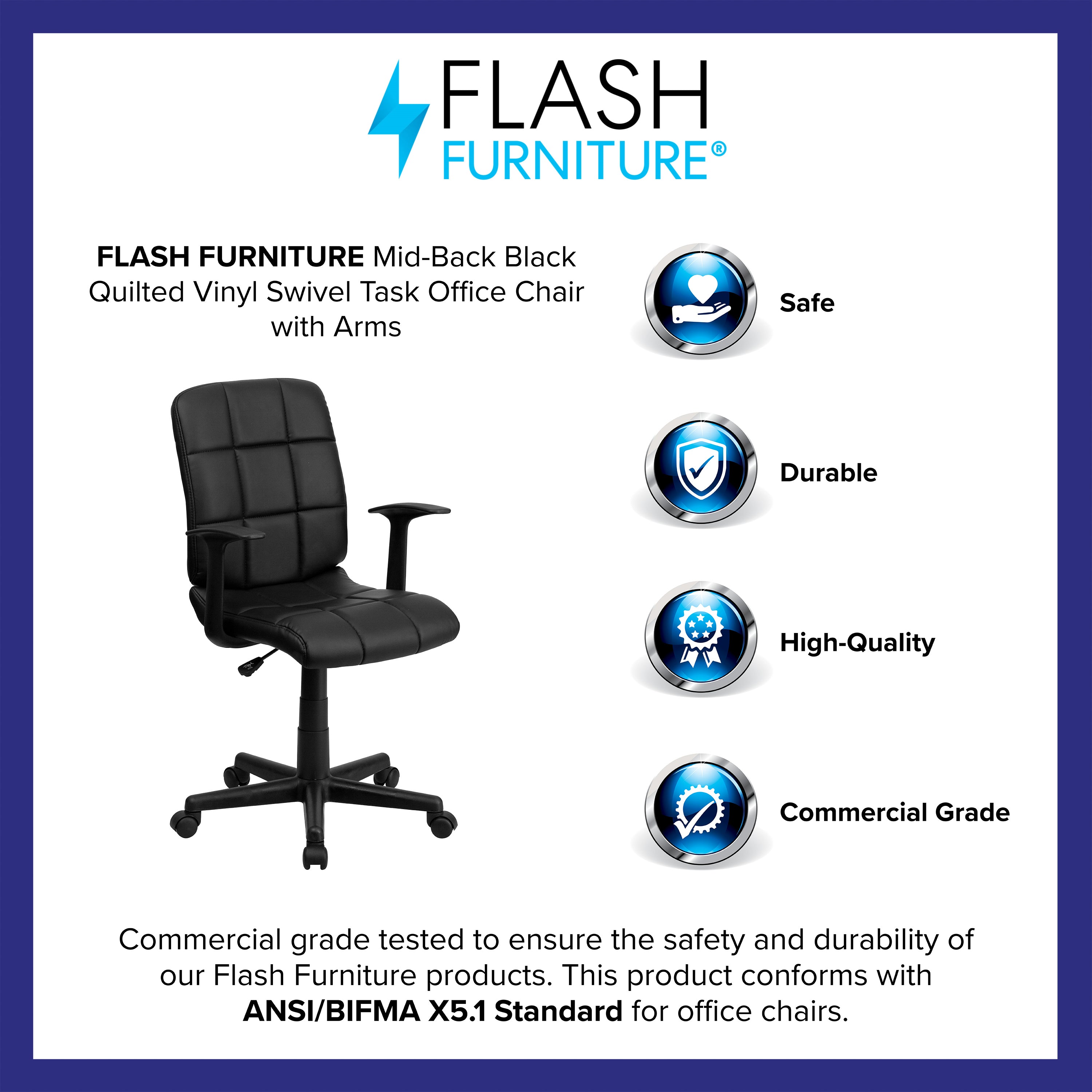 Clayton Mid-Back Black Quilted Vinyl Swivel Task Office Chair with Arms