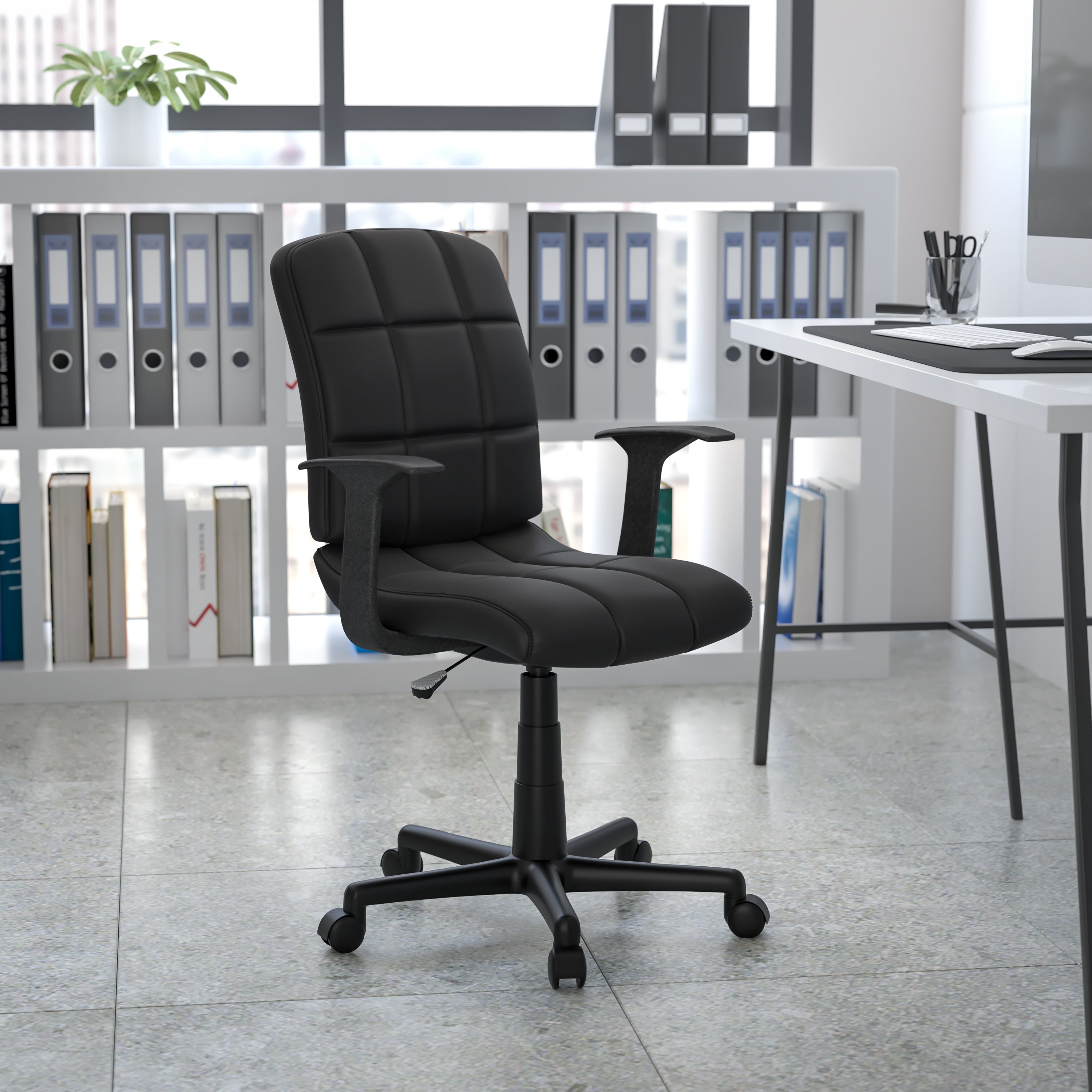 Clayton Mid-Back Black Quilted Vinyl Swivel Task Office Chair with Arms