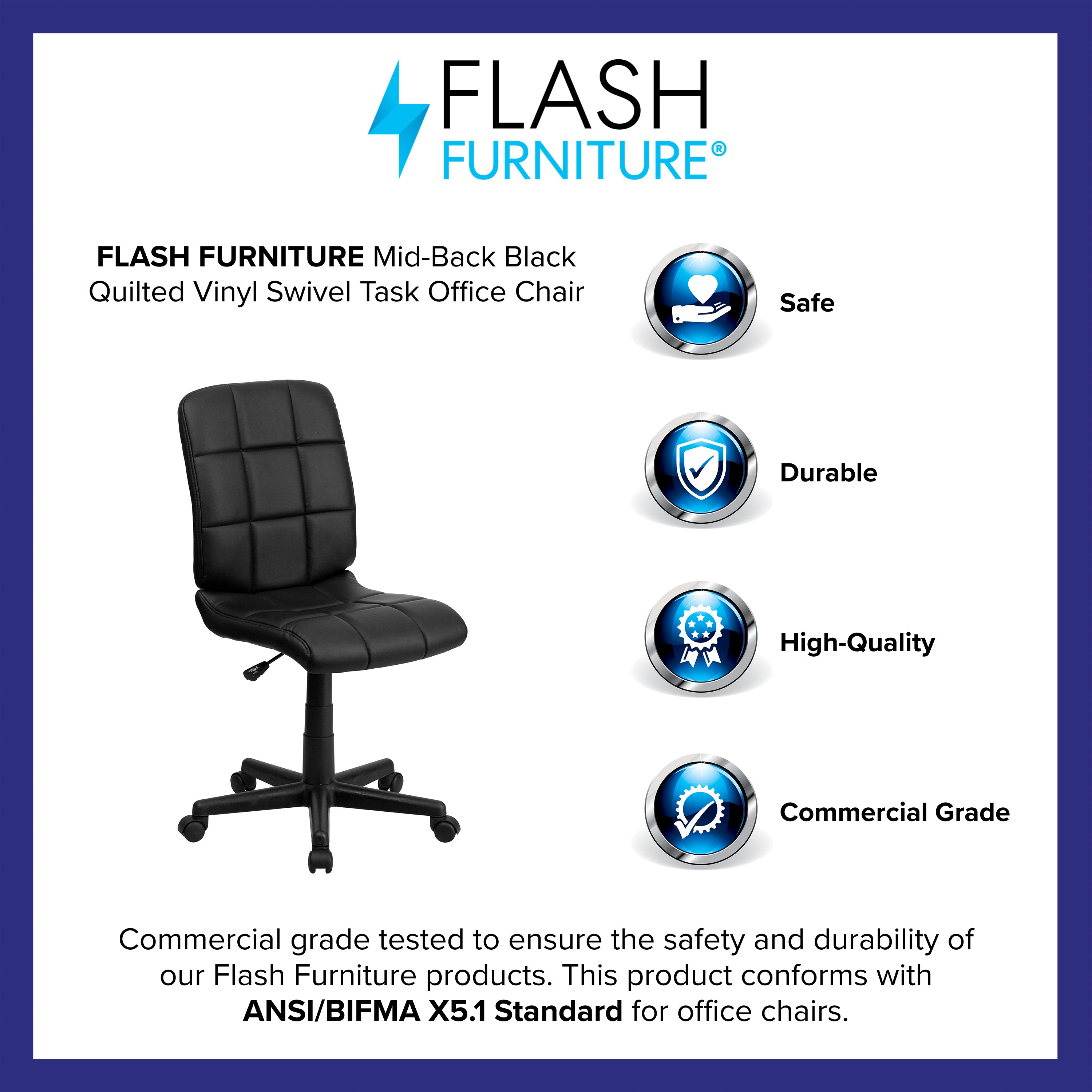 Clayton Mid-Back Black Quilted Vinyl Swivel Task Office Chair