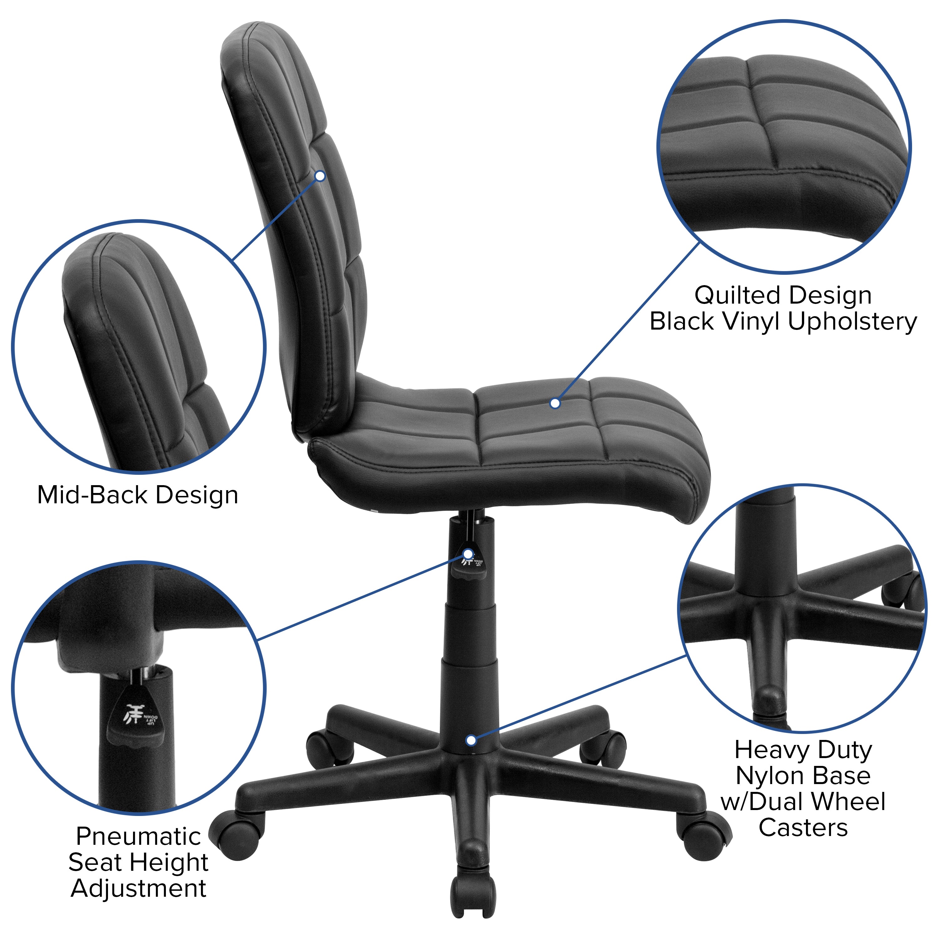 Clayton Mid-Back Black Quilted Vinyl Swivel Task Office Chair