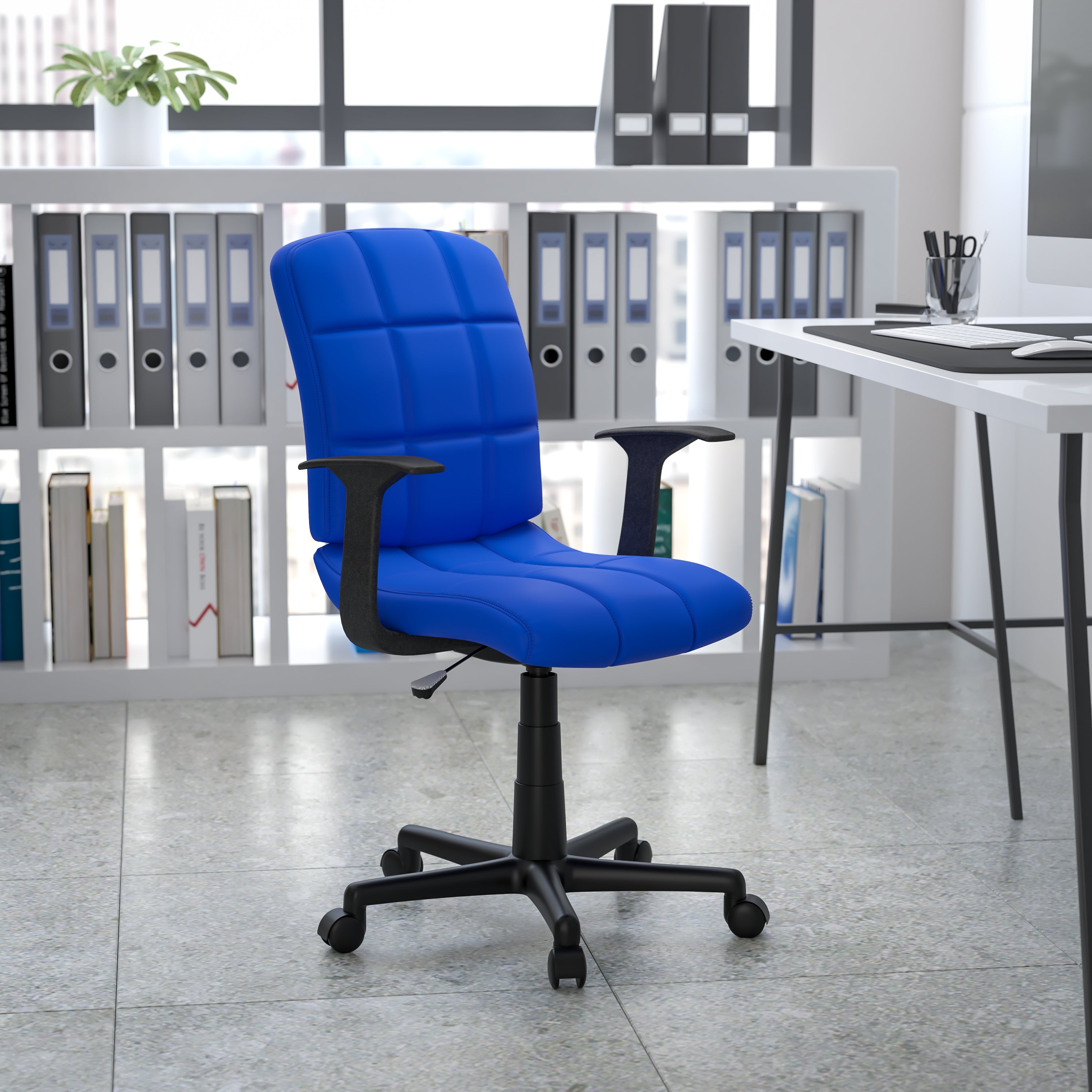 Clayton Mid-Back Blue Quilted Vinyl Swivel Task Office Chair with Arms