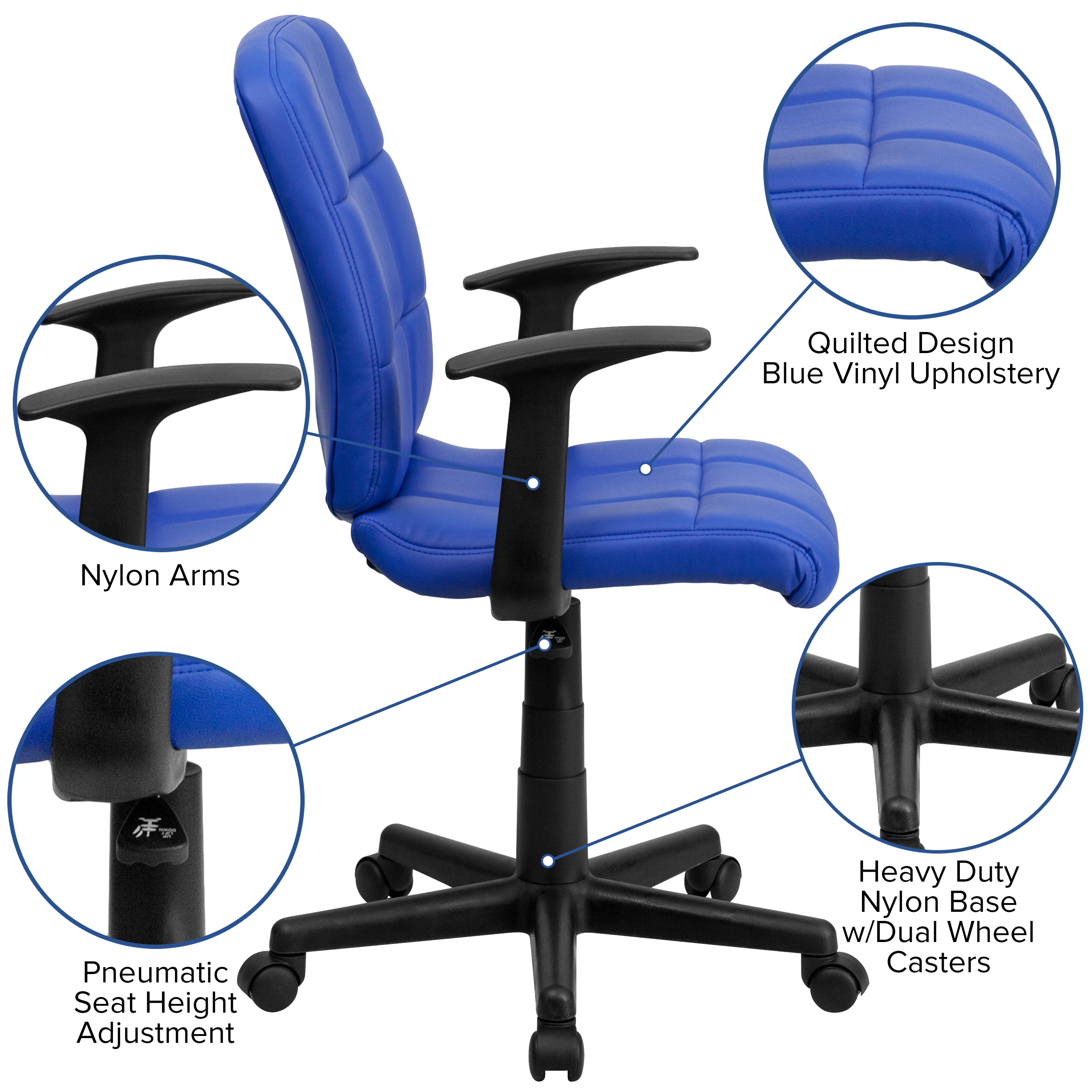 Clayton Mid-Back Blue Quilted Vinyl Swivel Task Office Chair with Arms