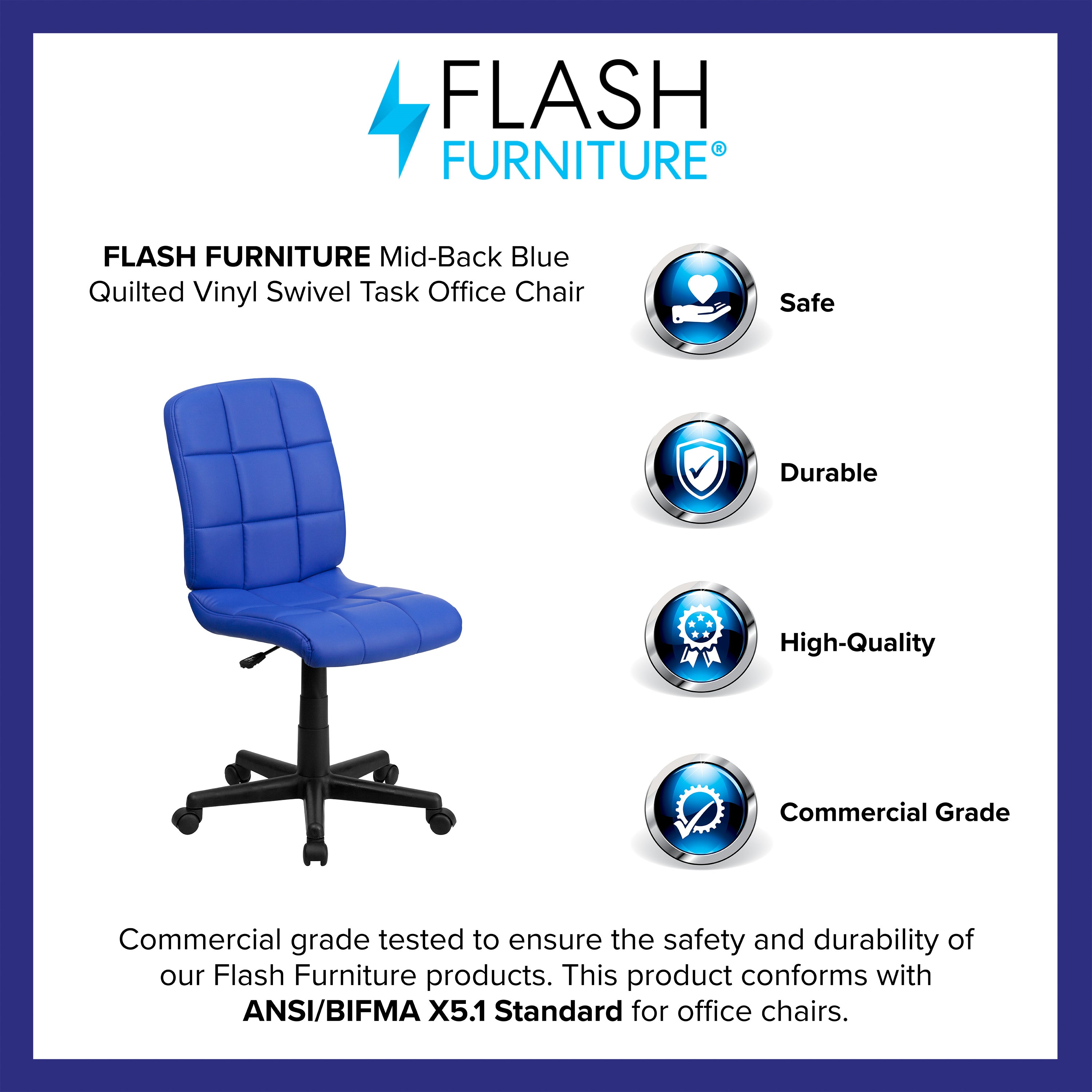 Clayton Mid-Back Blue Quilted Vinyl Swivel Task Office Chair