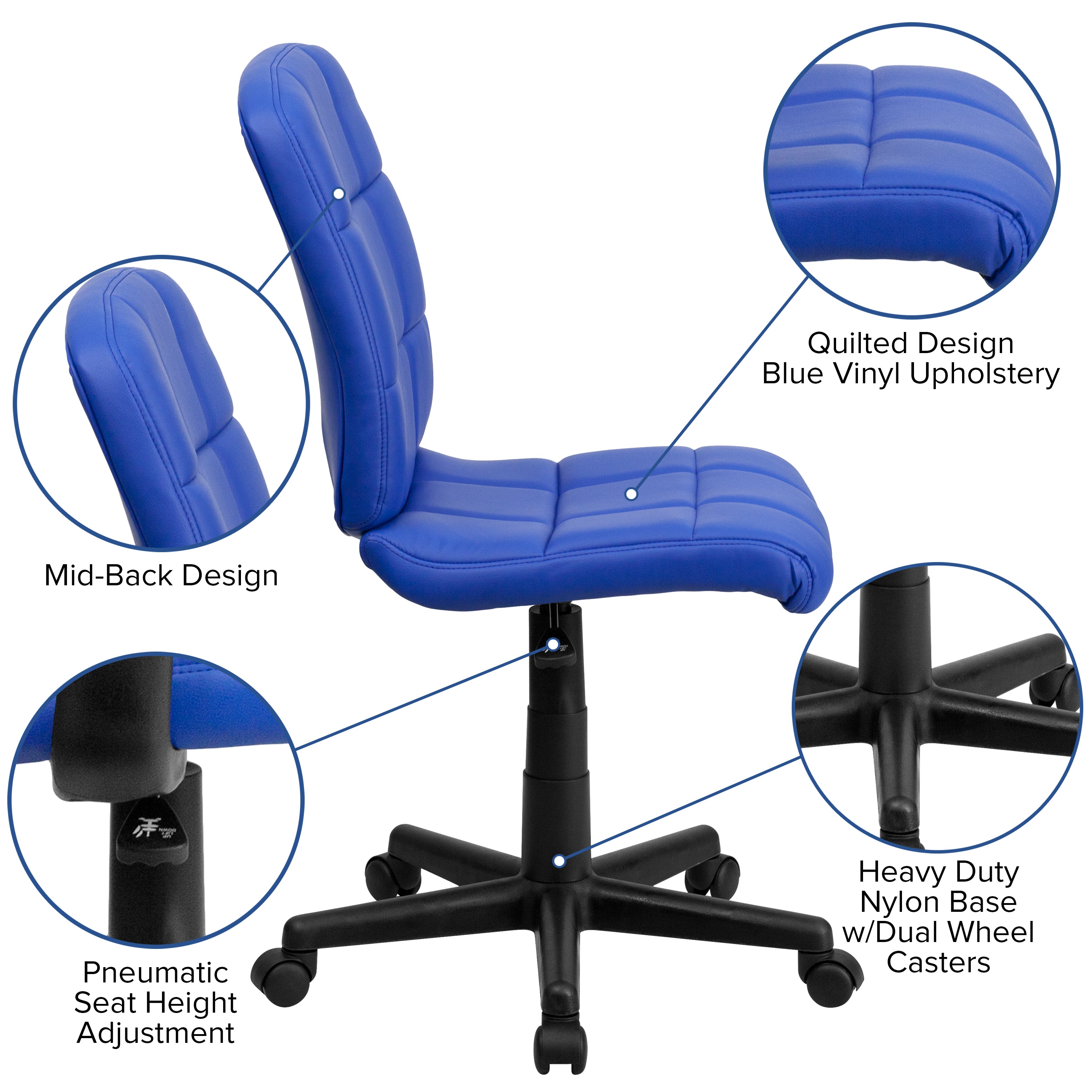 Clayton Mid-Back Blue Quilted Vinyl Swivel Task Office Chair