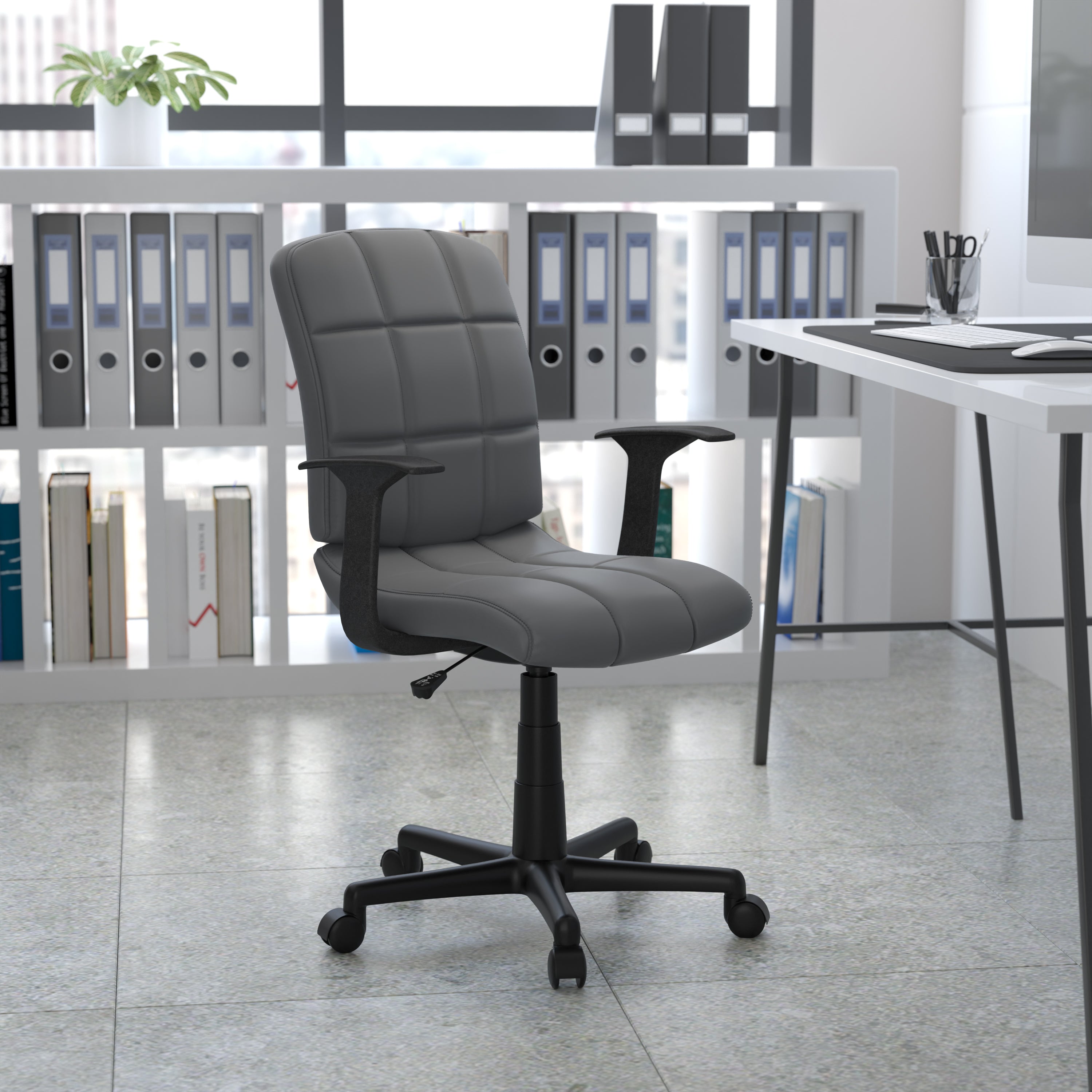 Clayton Mid-Back Gray Quilted Vinyl Swivel Task Office Chair with Arms