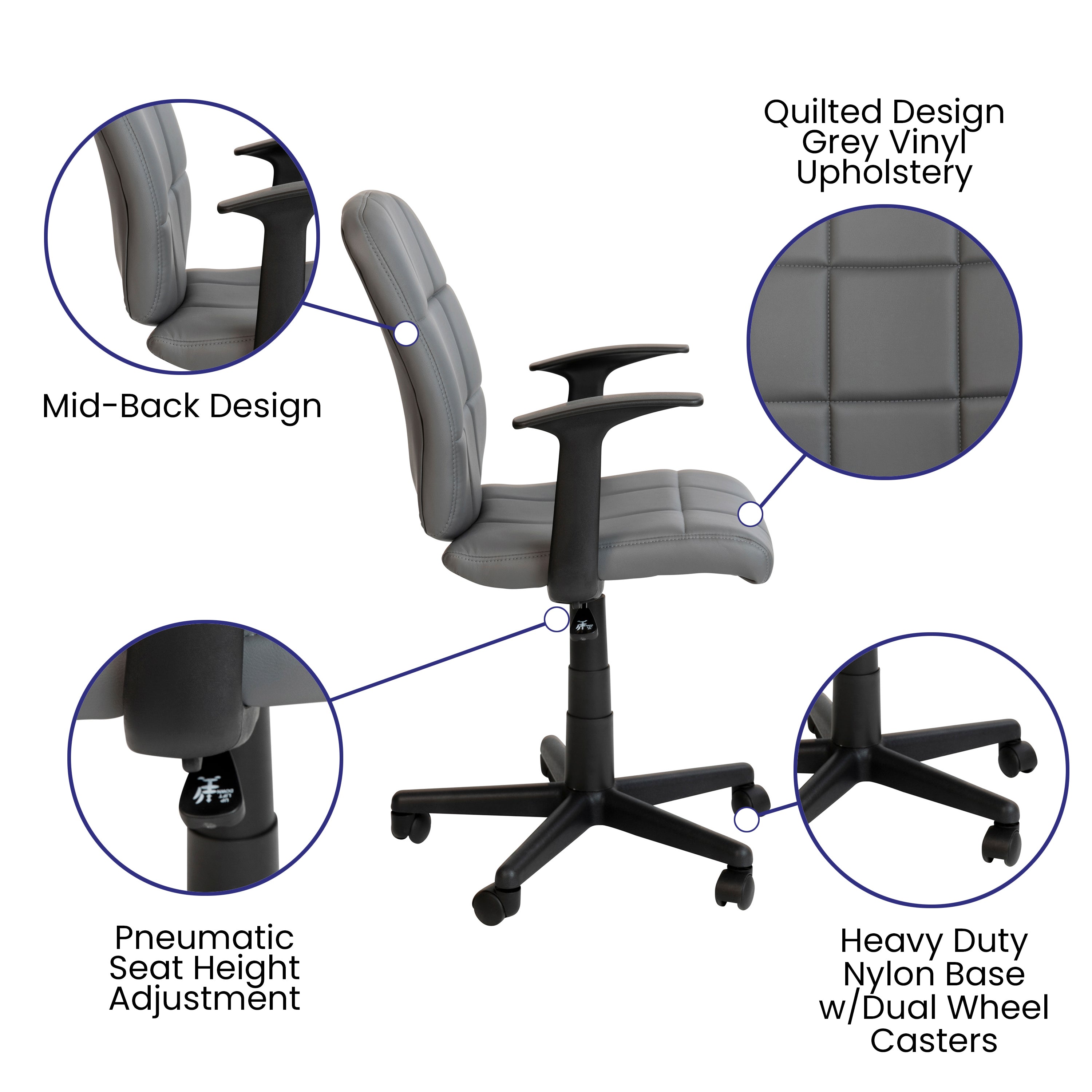 Clayton Mid-Back Gray Quilted Vinyl Swivel Task Office Chair with Arms