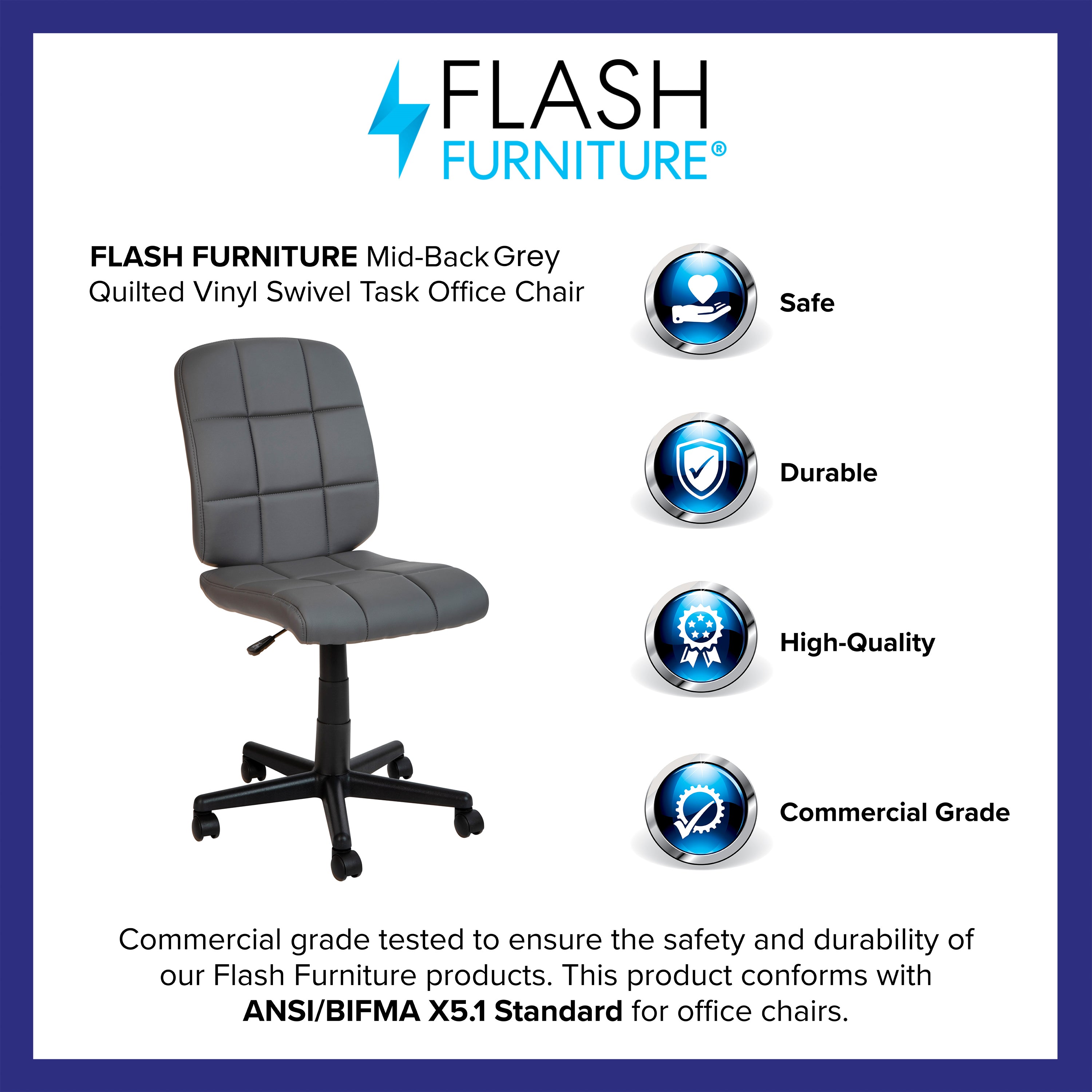 Clayton Mid-Back Gray Quilted Vinyl Swivel Task Office Chair