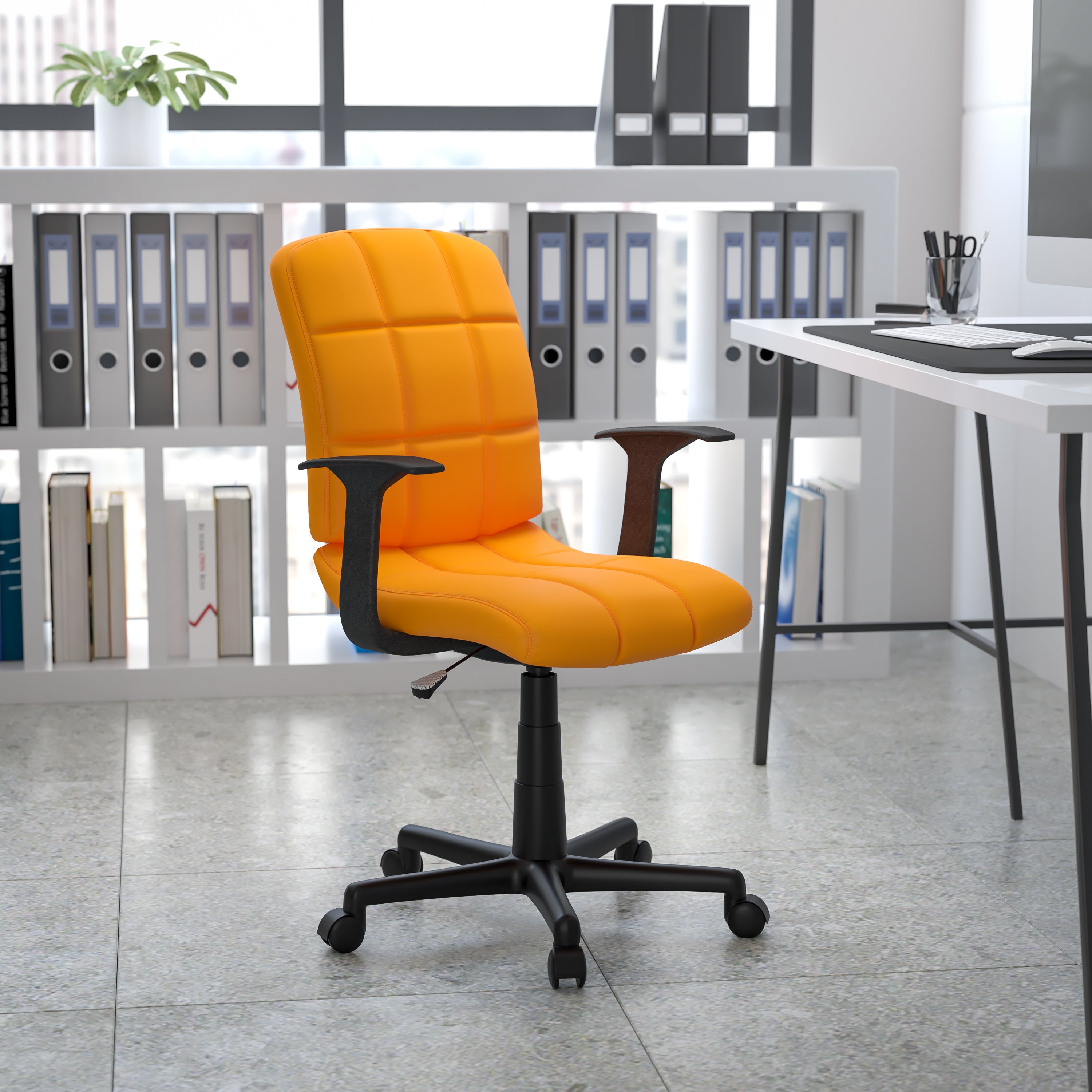 Clayton Mid-Back Orange Quilted Vinyl Swivel Task Office Chair with Arms