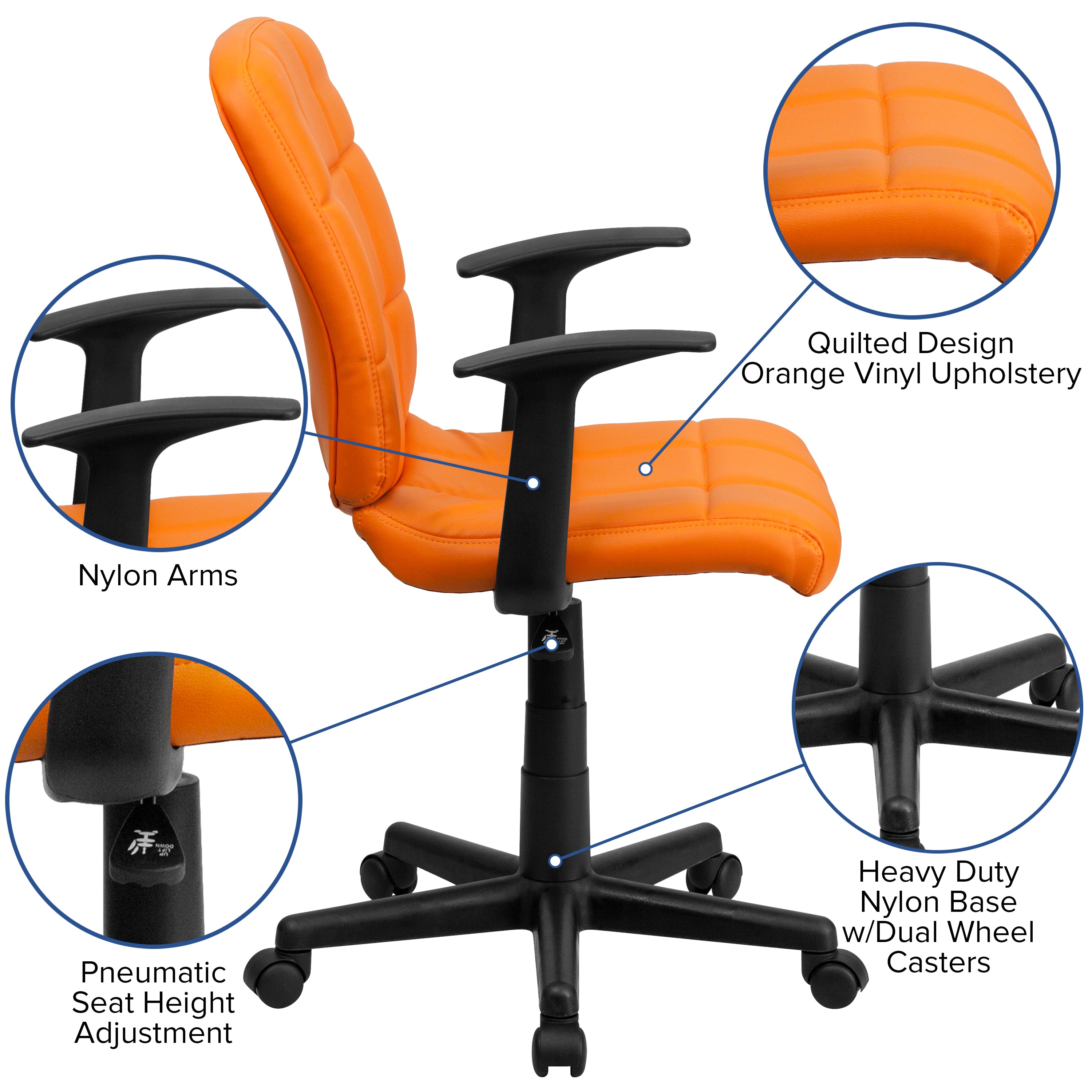 Clayton Mid-Back Orange Quilted Vinyl Swivel Task Office Chair with Arms