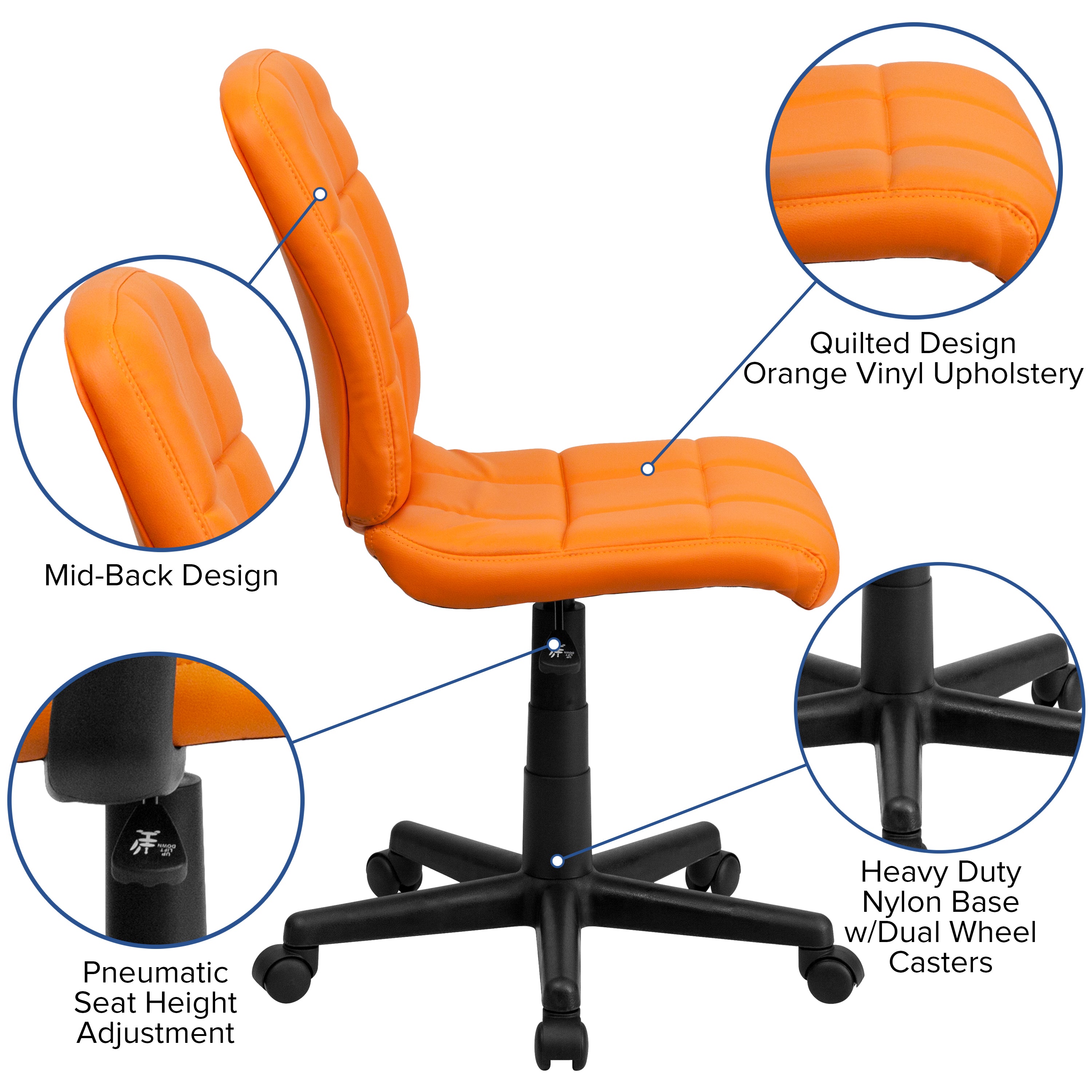 Clayton Mid-Back Orange Quilted Vinyl Swivel Task Office Chair