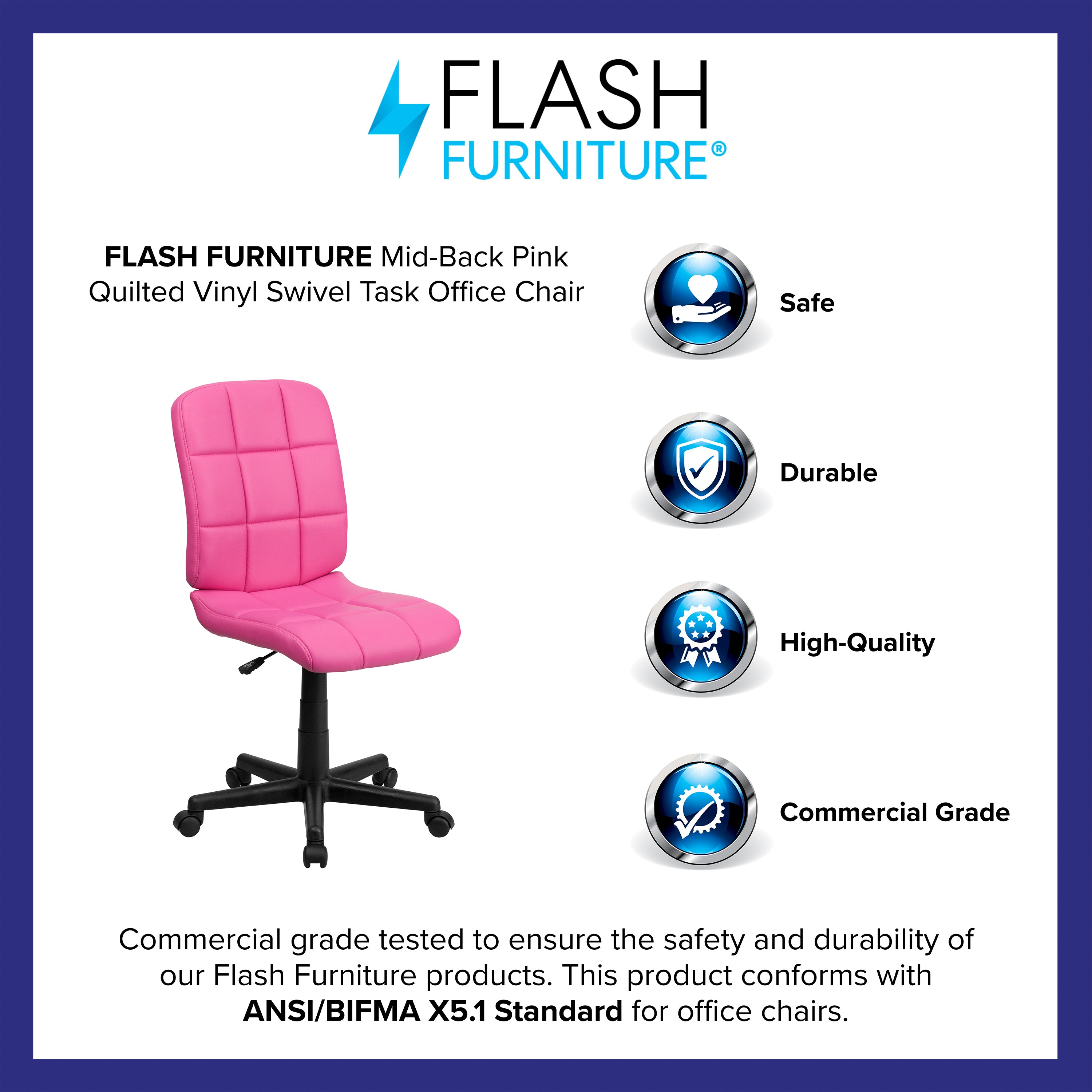 Clayton Mid-Back Pink Quilted Vinyl Swivel Task Office Chair