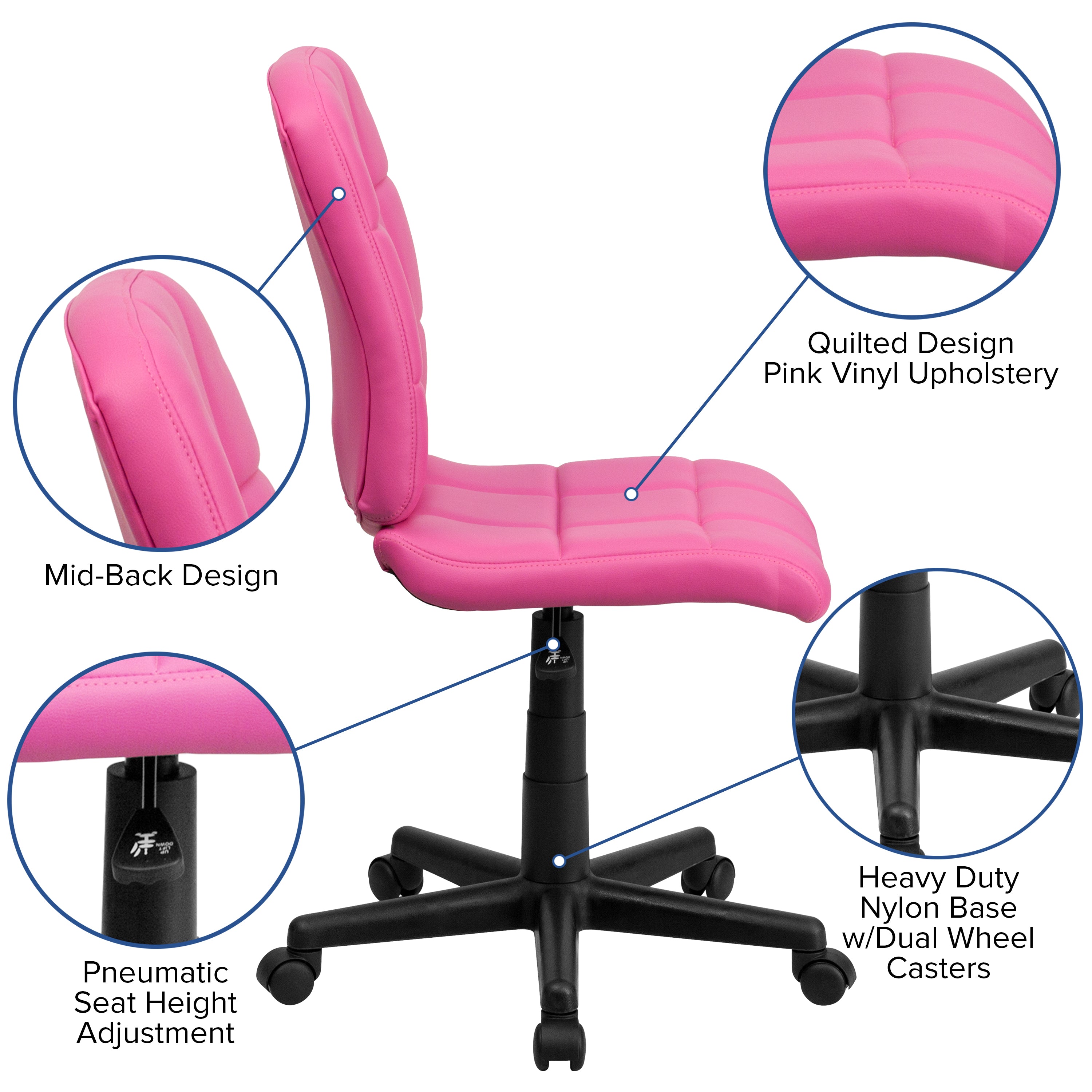 Clayton Mid-Back Pink Quilted Vinyl Swivel Task Office Chair