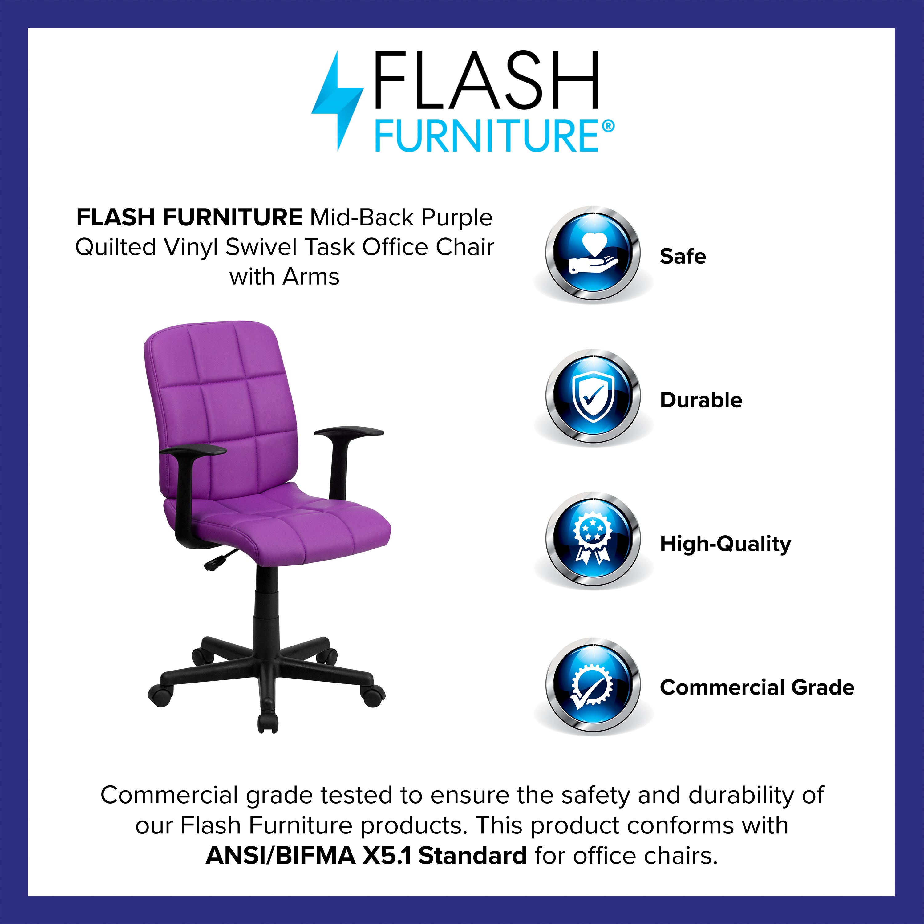 Clayton Mid-Back Purple Quilted Vinyl Swivel Task Office Chair with Arms