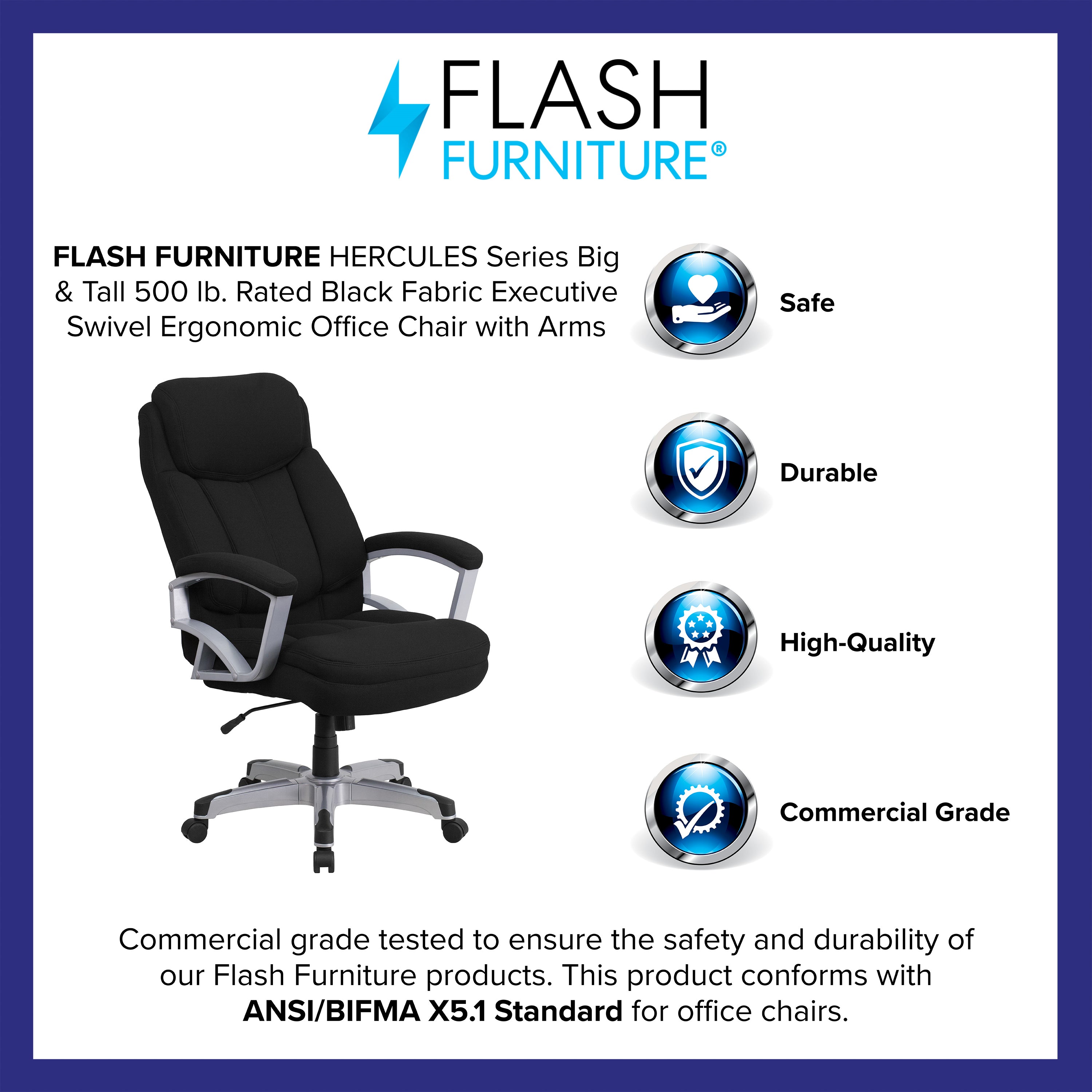 HERCULES Series Big & Tall 500 lb. Rated Black Fabric Executive Swivel Ergonomic Office Chair with Arms