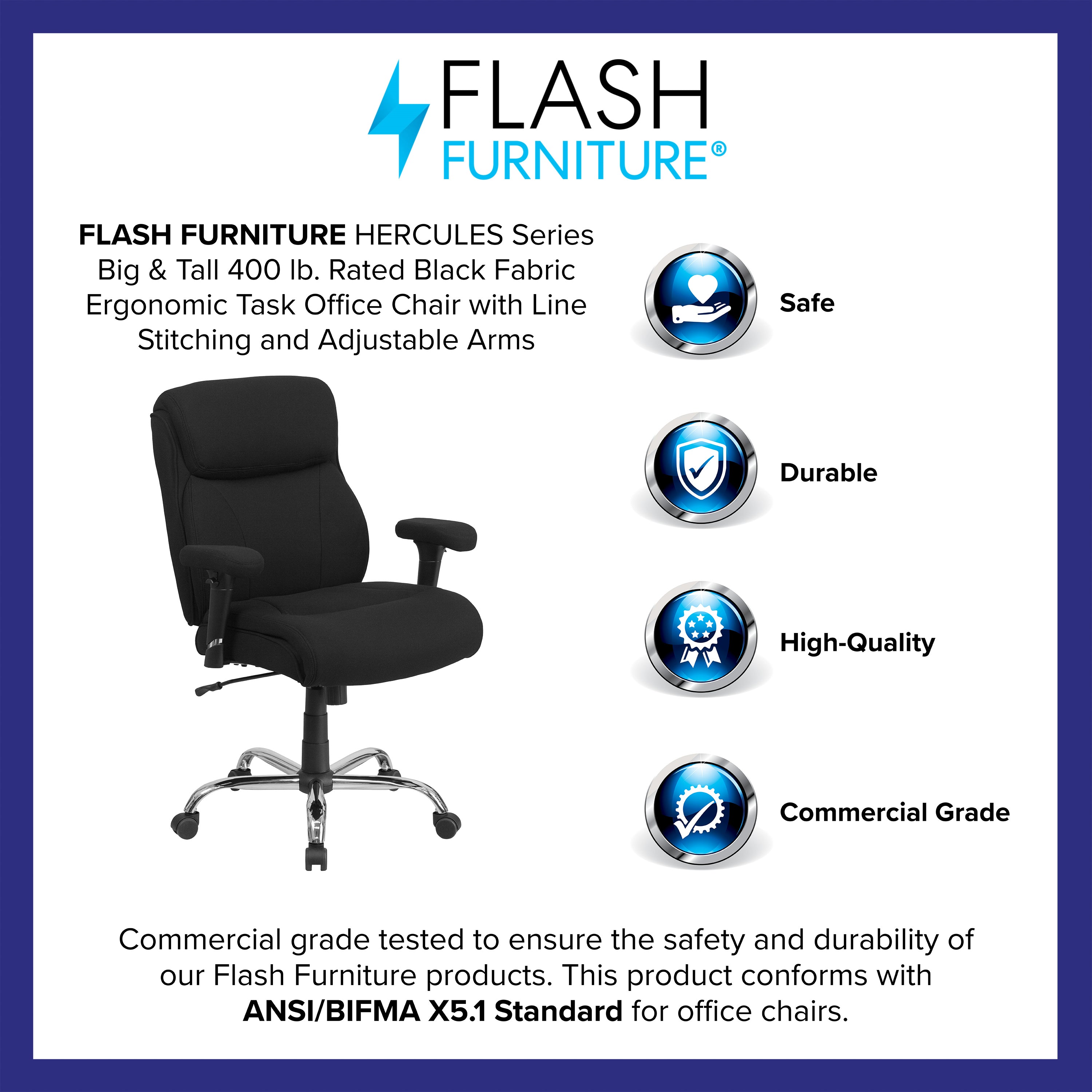 HERCULES Series Big & Tall 400 lb. Rated Black Fabric Ergonomic Task Office Chair with Line Stitching and Adjustable Arms
