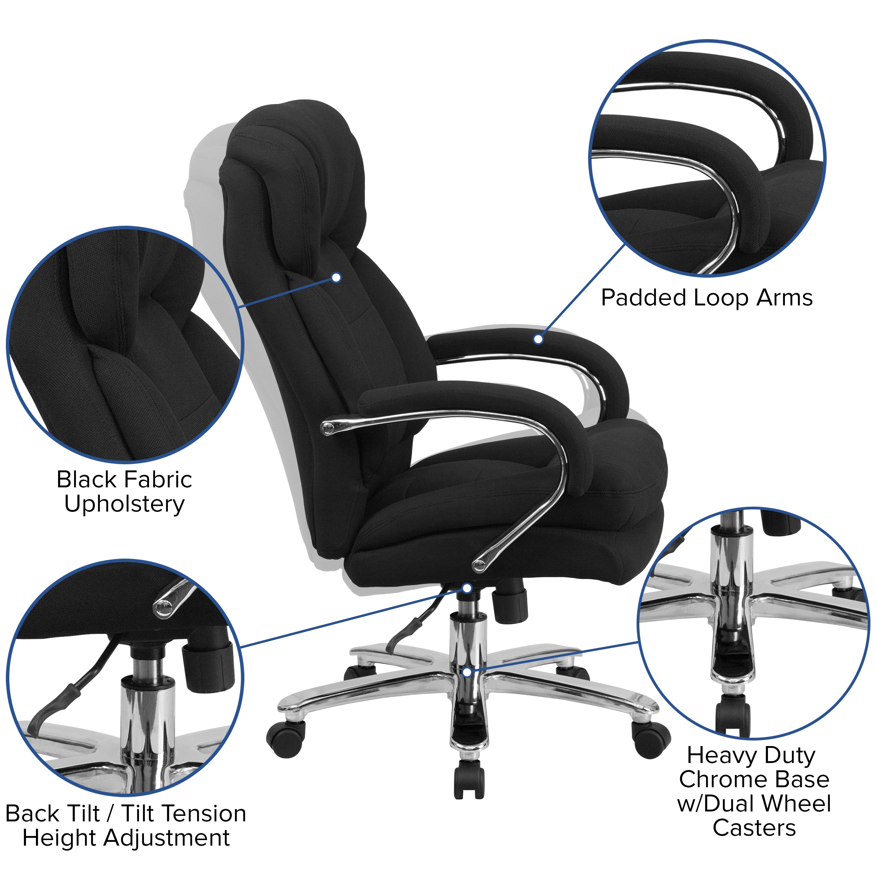 HERCULES Series 24/7 Intensive Use Big & Tall 500 lb. Rated Black Fabric Executive Ergonomic Office Chair with Loop Arms