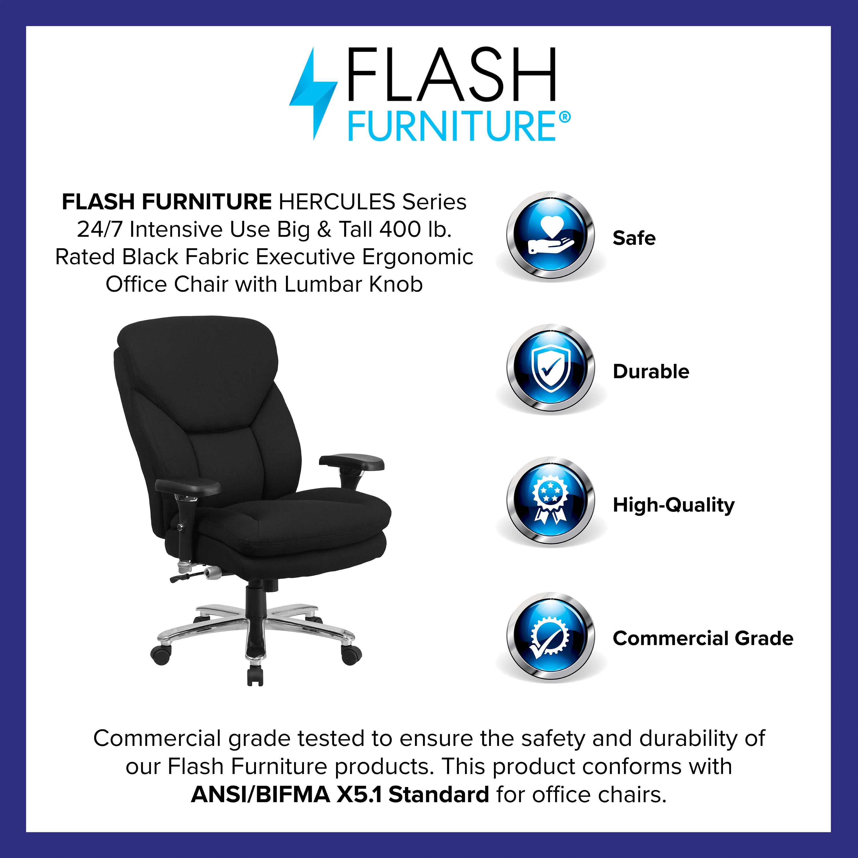 HERCULES Series 24/7 Intensive Use Big & Tall 400 lb. Rated Black Fabric Executive Ergonomic Office Chair with Lumbar Knob