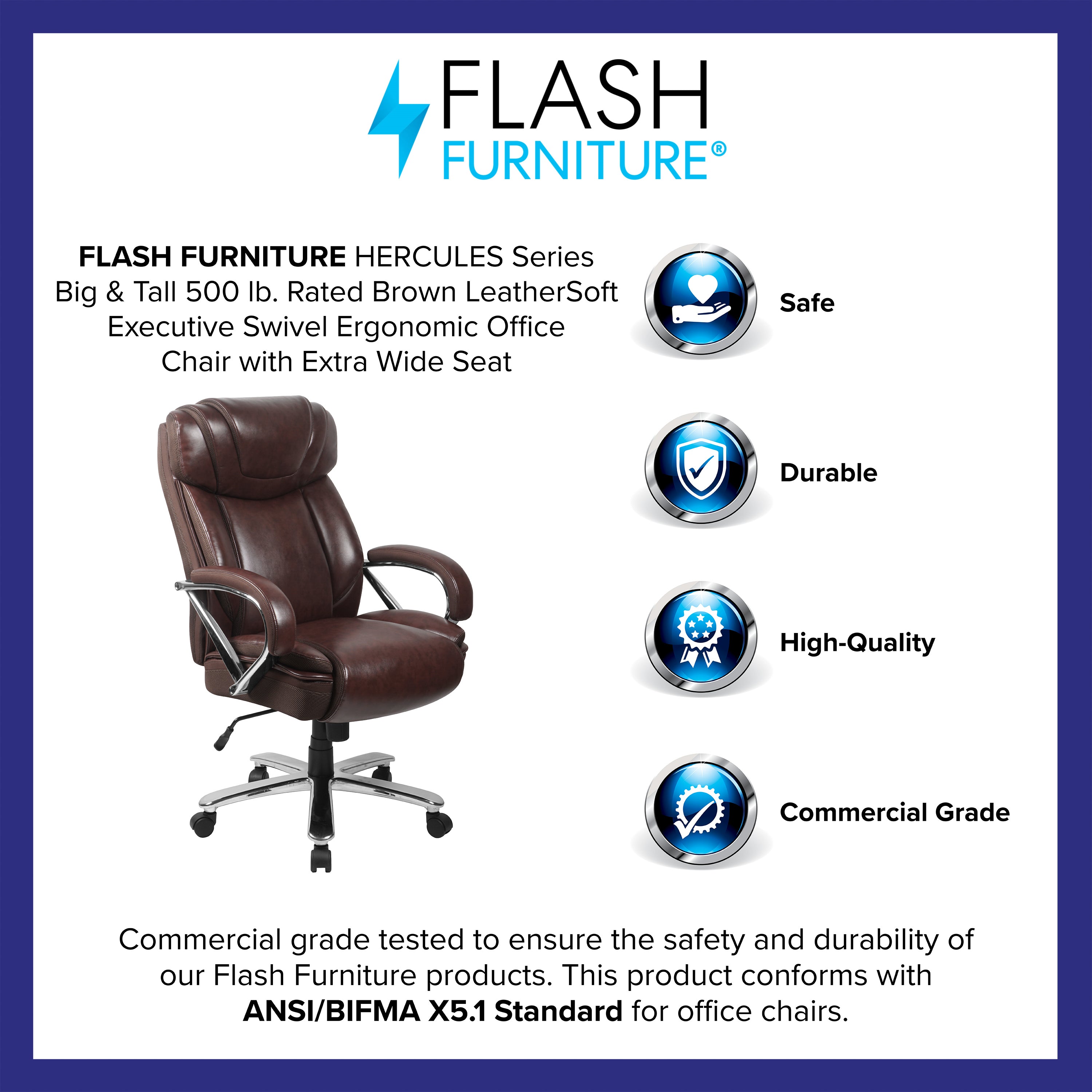 HERCULES Series Big & Tall 500 lb. Rated Brown LeatherSoft Executive Swivel Ergonomic Office Chair with Extra Wide Seat