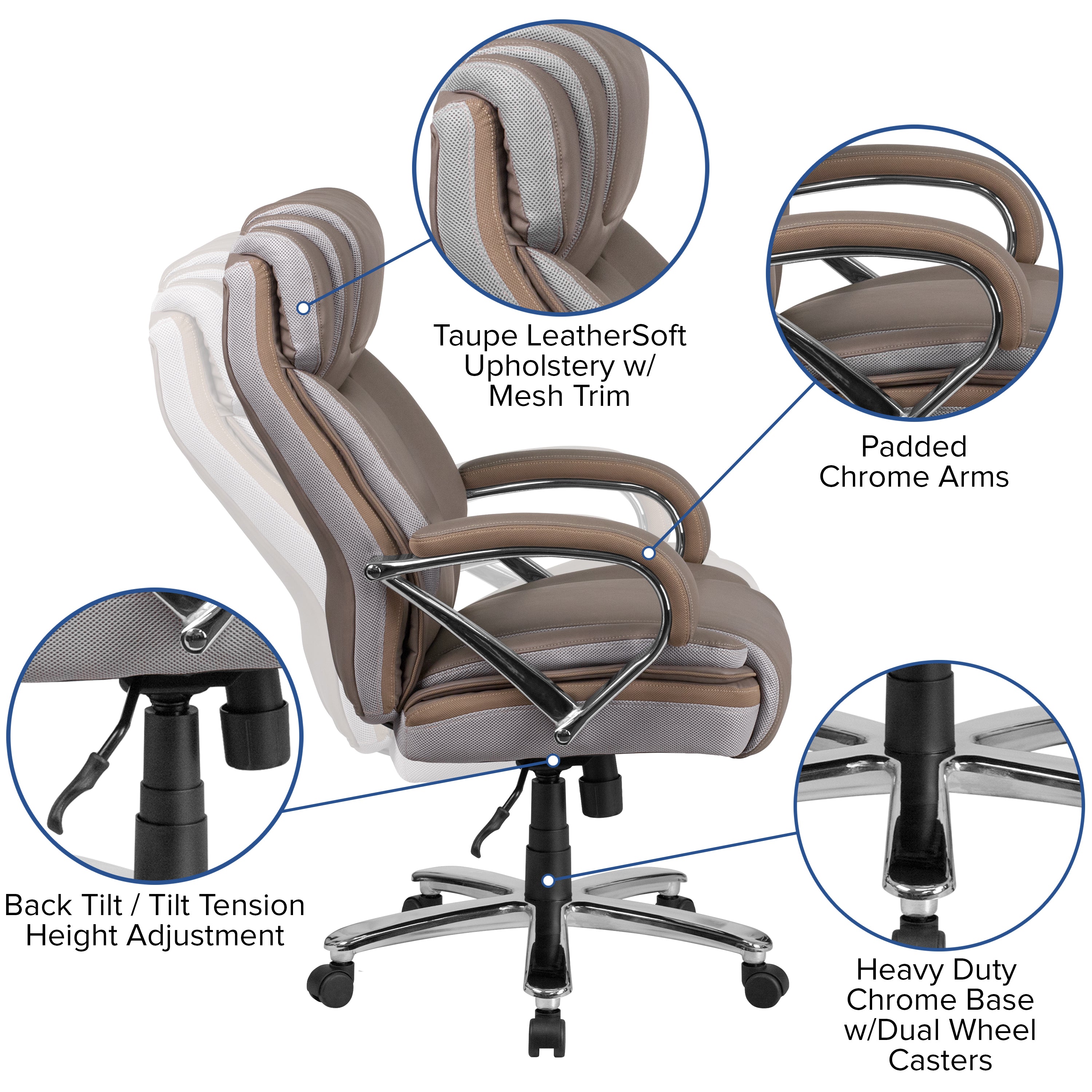 HERCULES Series Big & Tall 500 lb. Rated Taupe LeatherSoft Executive Swivel Ergonomic Office Chair with Extra Wide Seat