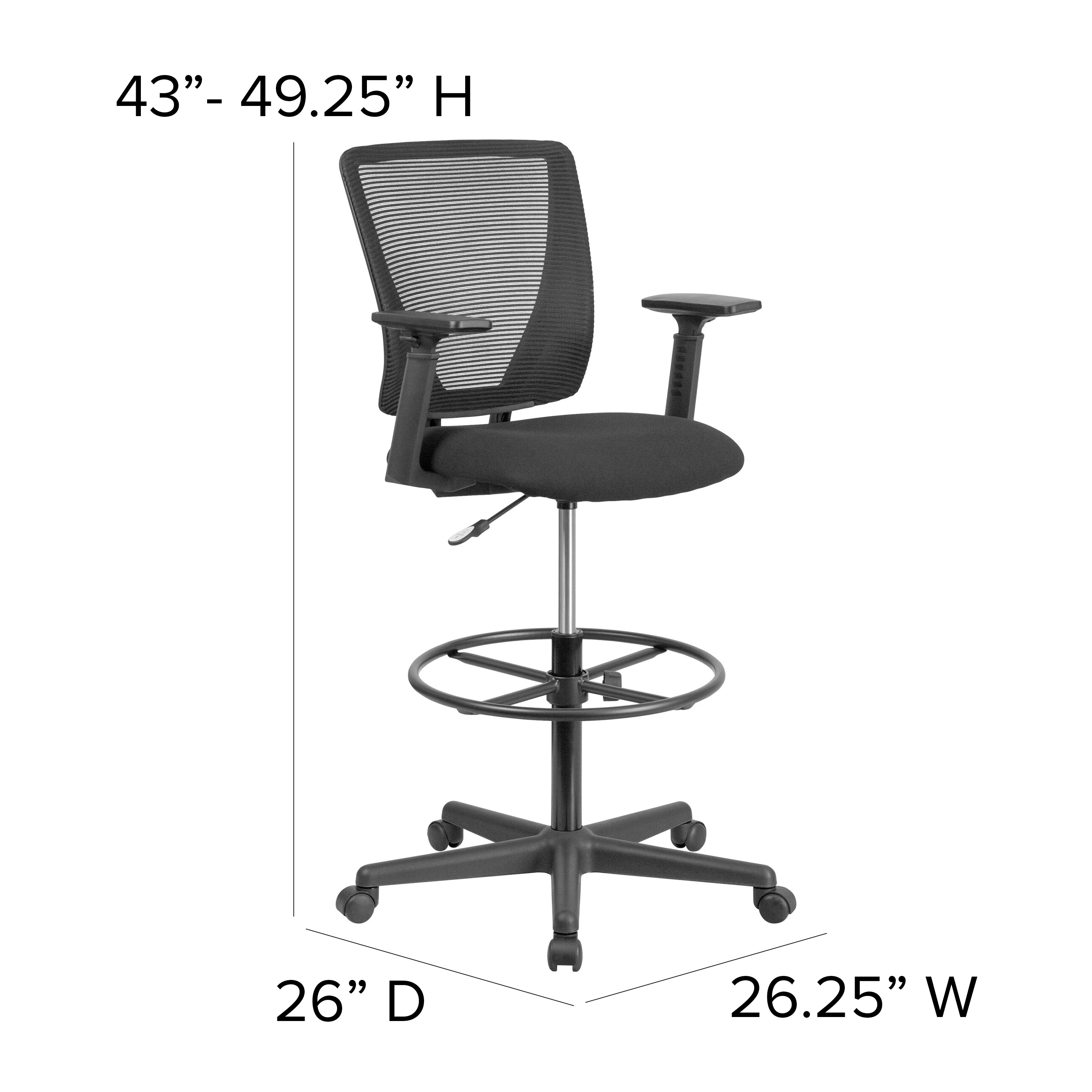 Harper Ergonomic Mid-Back Mesh Drafting Chair with Black Fabric Seat, Adjustable Foot Ring and Adjustable Arms