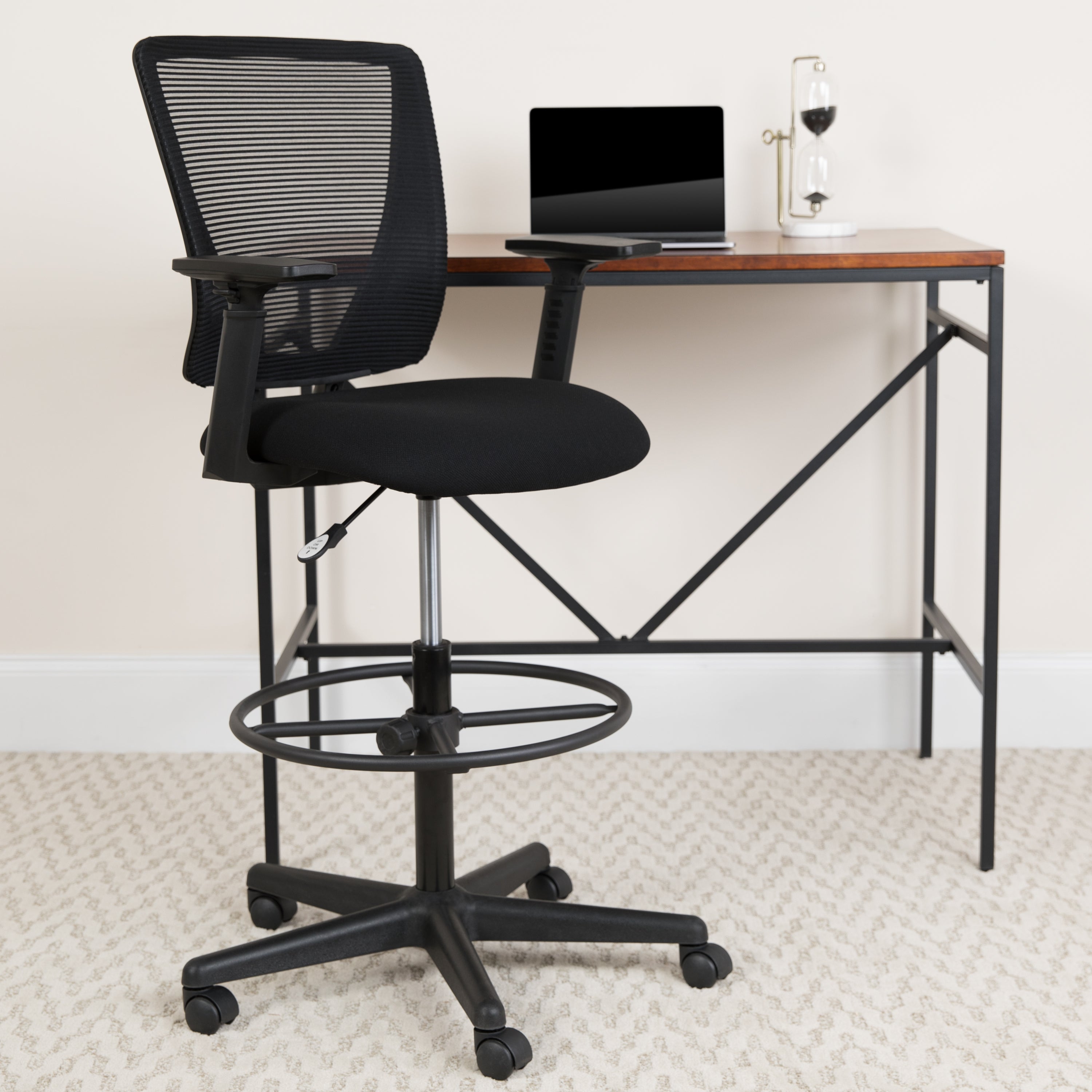 Harper Ergonomic Mid-Back Mesh Drafting Chair with Black Fabric Seat, Adjustable Foot Ring and Adjustable Arms