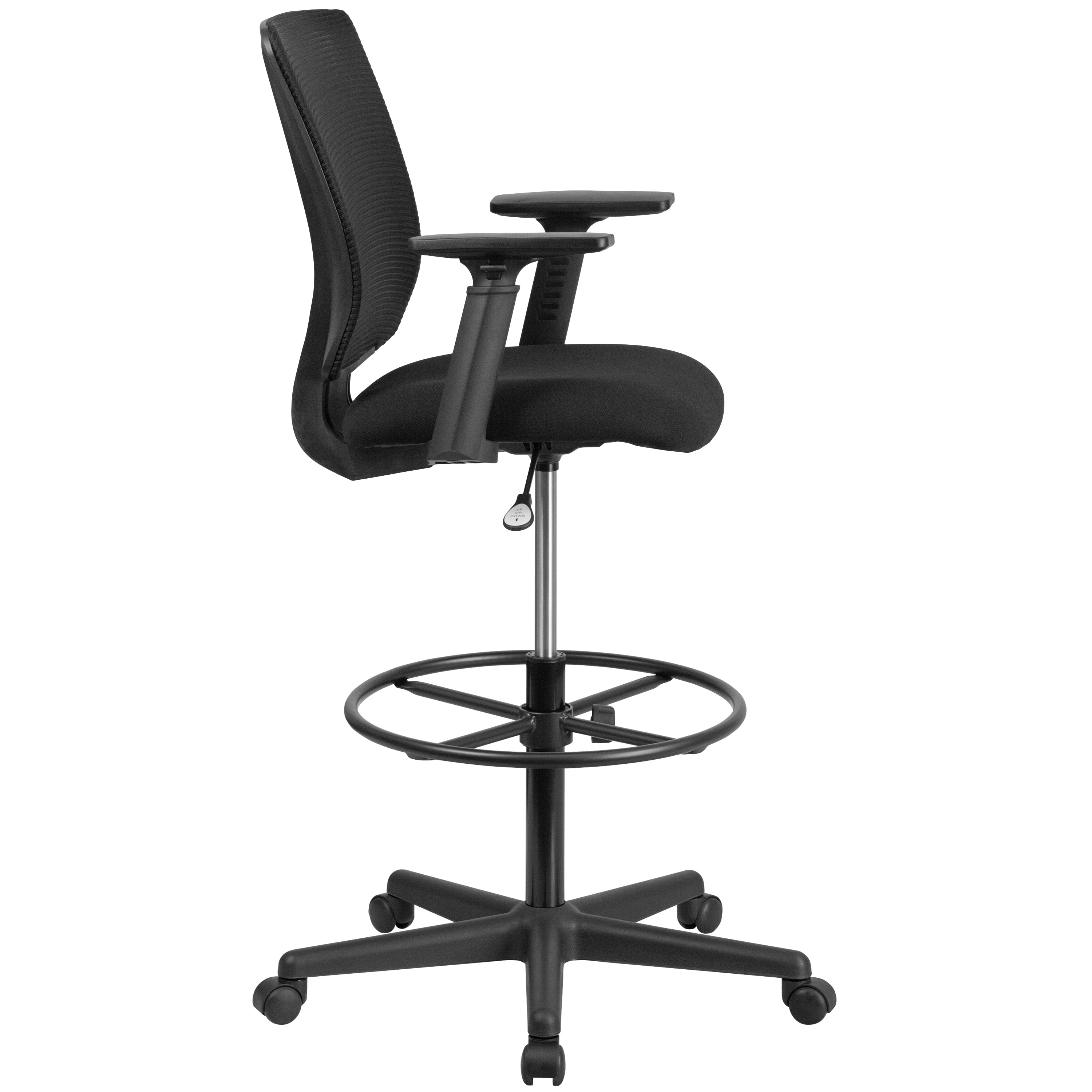 Harper Ergonomic Mid-Back Mesh Drafting Chair with Black Fabric Seat, Adjustable Foot Ring and Adjustable Arms