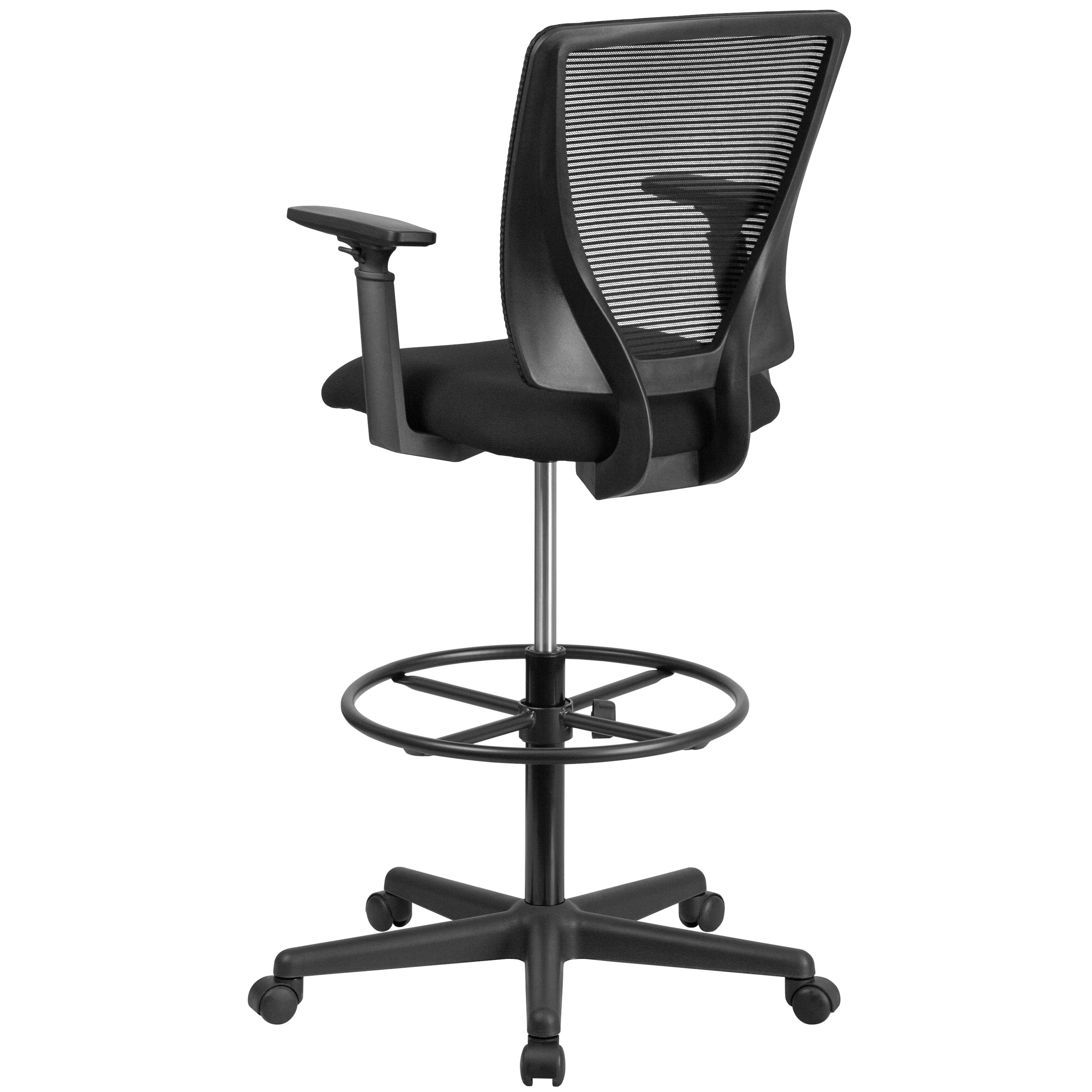 Harper Ergonomic Mid-Back Mesh Drafting Chair with Black Fabric Seat, Adjustable Foot Ring and Adjustable Arms