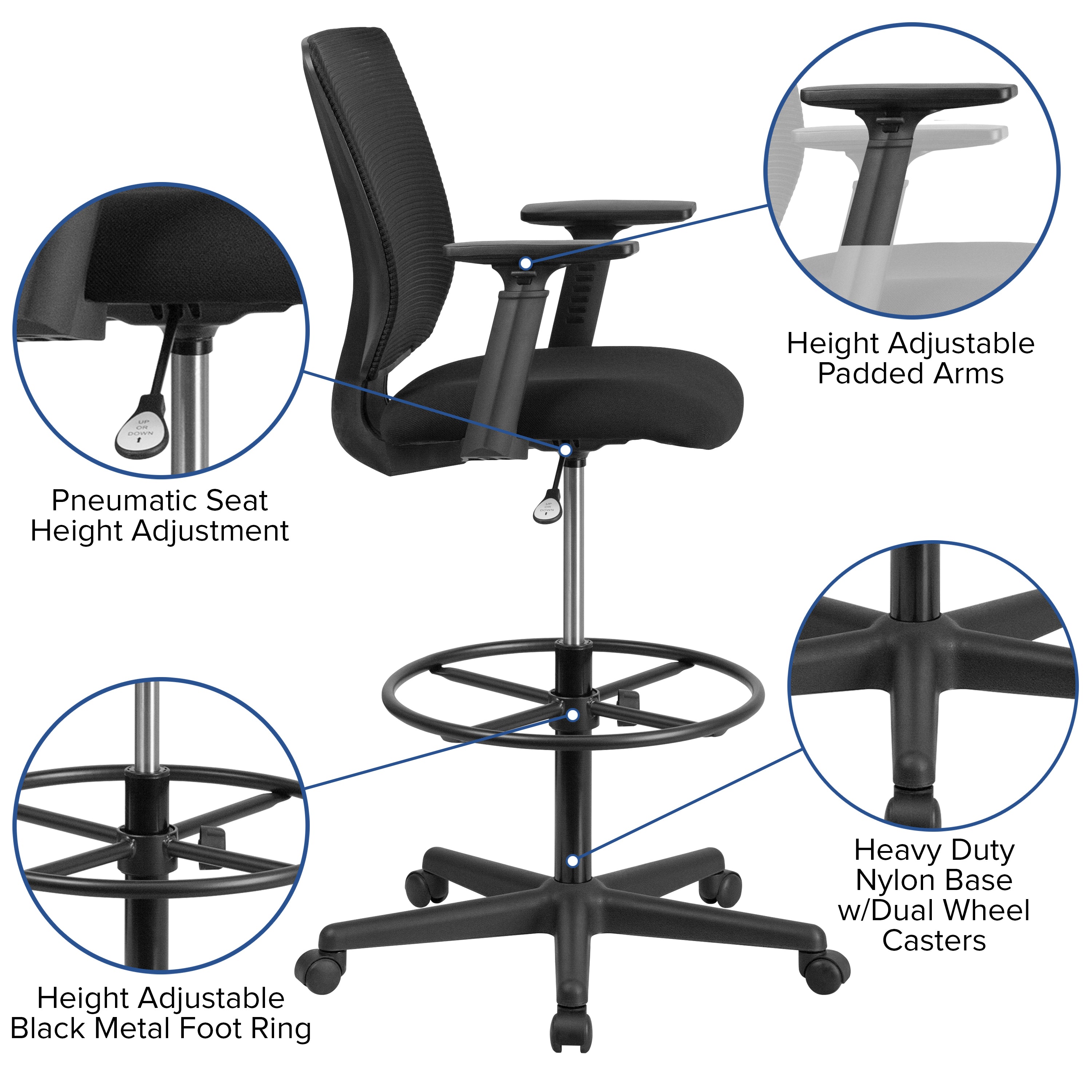 Harper Ergonomic Mid-Back Mesh Drafting Chair with Black Fabric Seat, Adjustable Foot Ring and Adjustable Arms