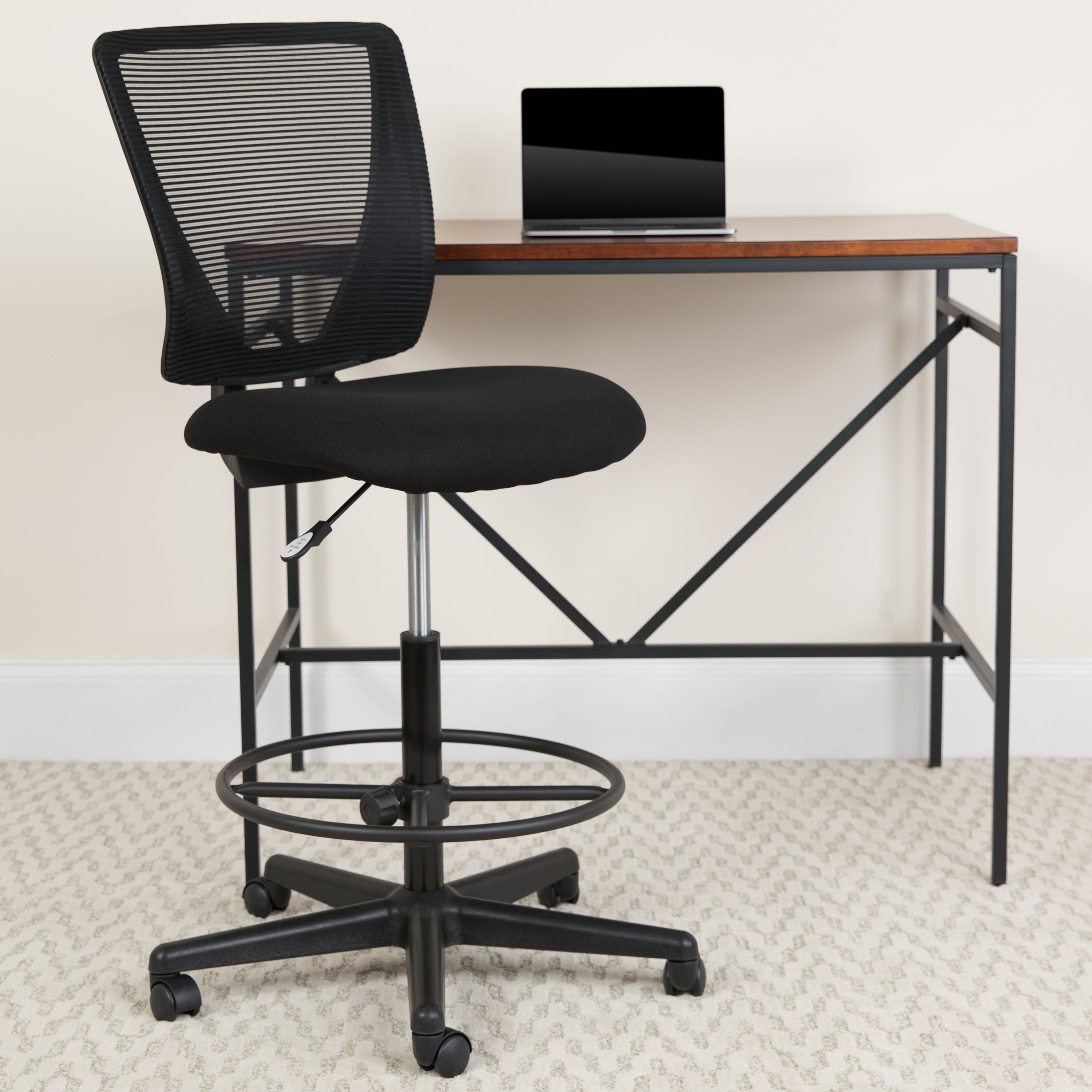 Harper Ergonomic Mid-Back Mesh Drafting Chair with Black Fabric Seat and Adjustable Foot Ring