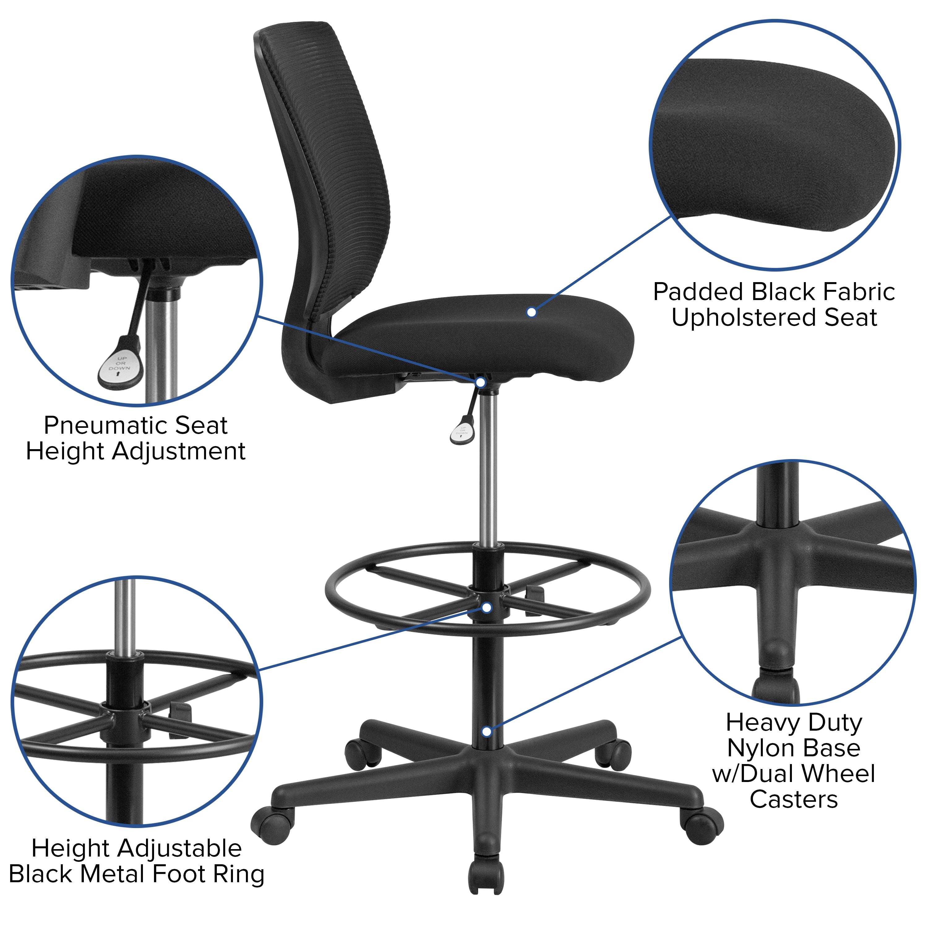 Harper Ergonomic Mid-Back Mesh Drafting Chair with Black Fabric Seat and Adjustable Foot Ring