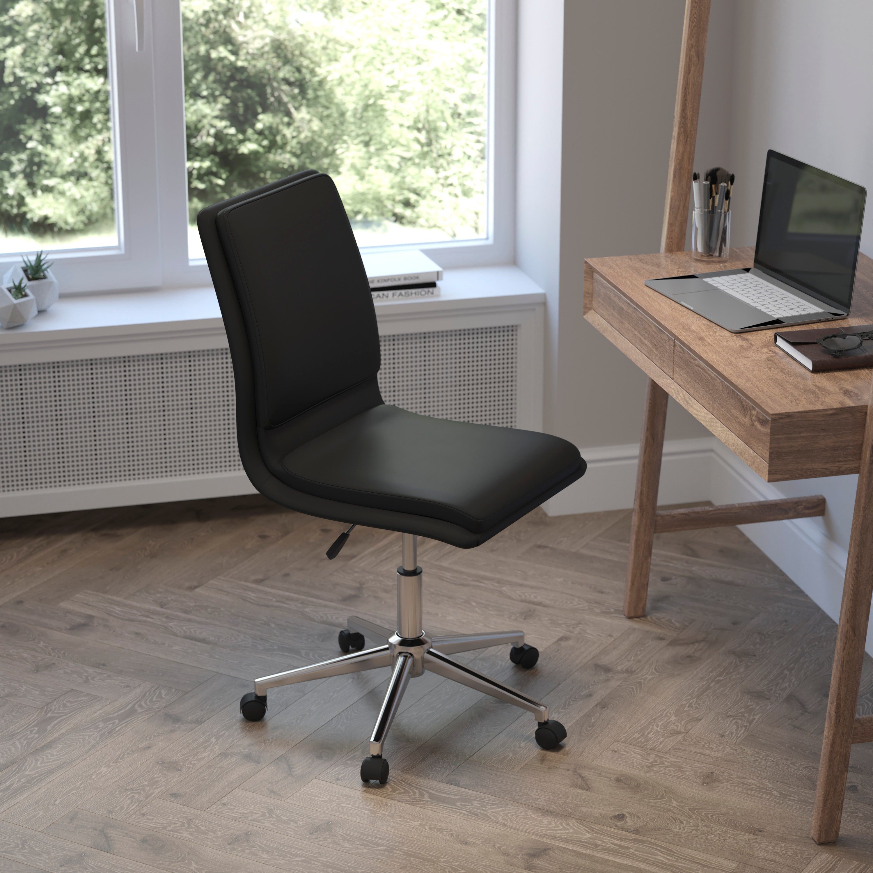 Madigan Mid-Back Armless Swivel Task Office Chair with LeatherSoft and Adjustable Chrome Base, Black