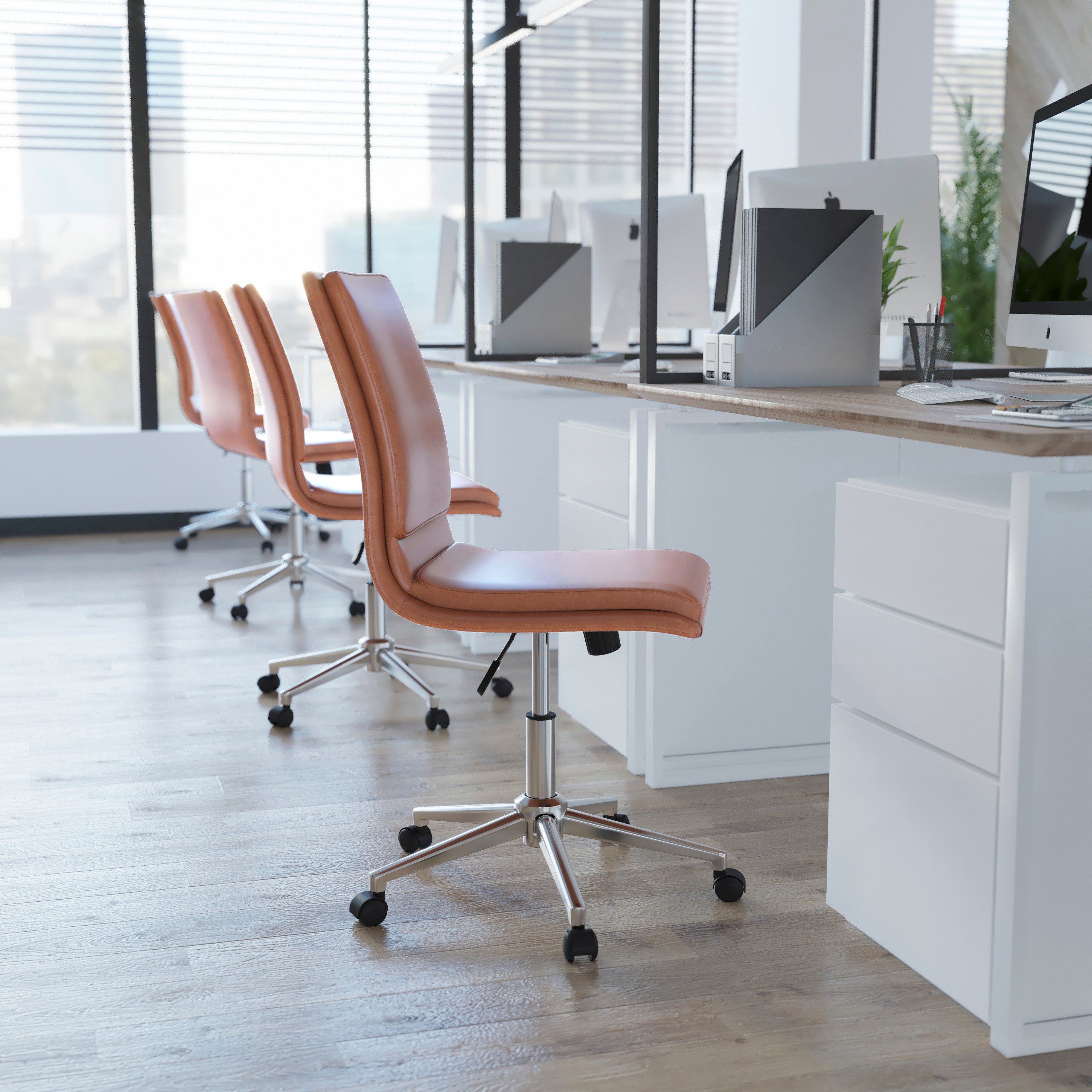 Madigan Mid-Back Armless Swivel Task Office Chair with LeatherSoft and Adjustable Chrome Base, Cognac
