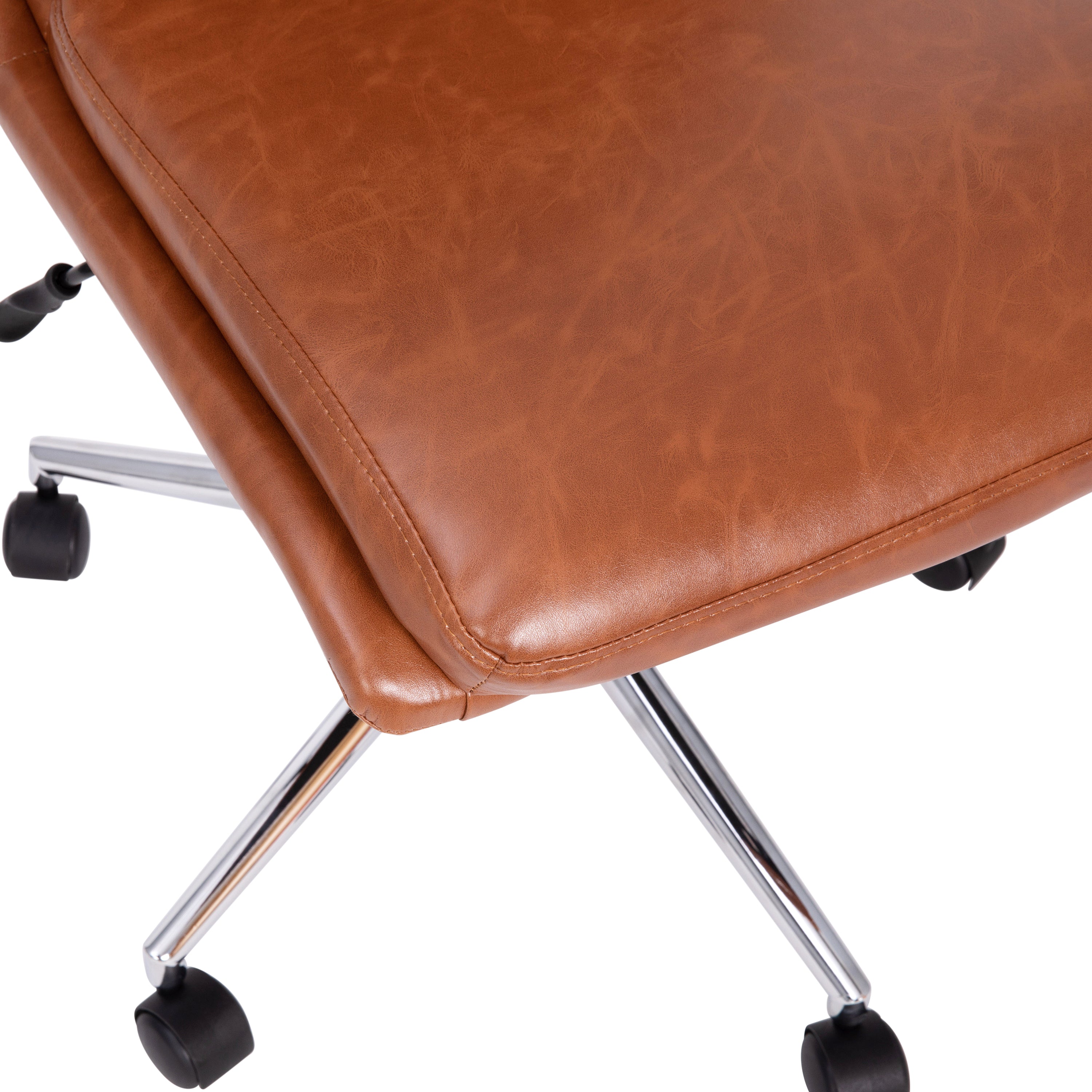 Madigan Mid-Back Armless Swivel Task Office Chair with LeatherSoft and Adjustable Chrome Base, Cognac