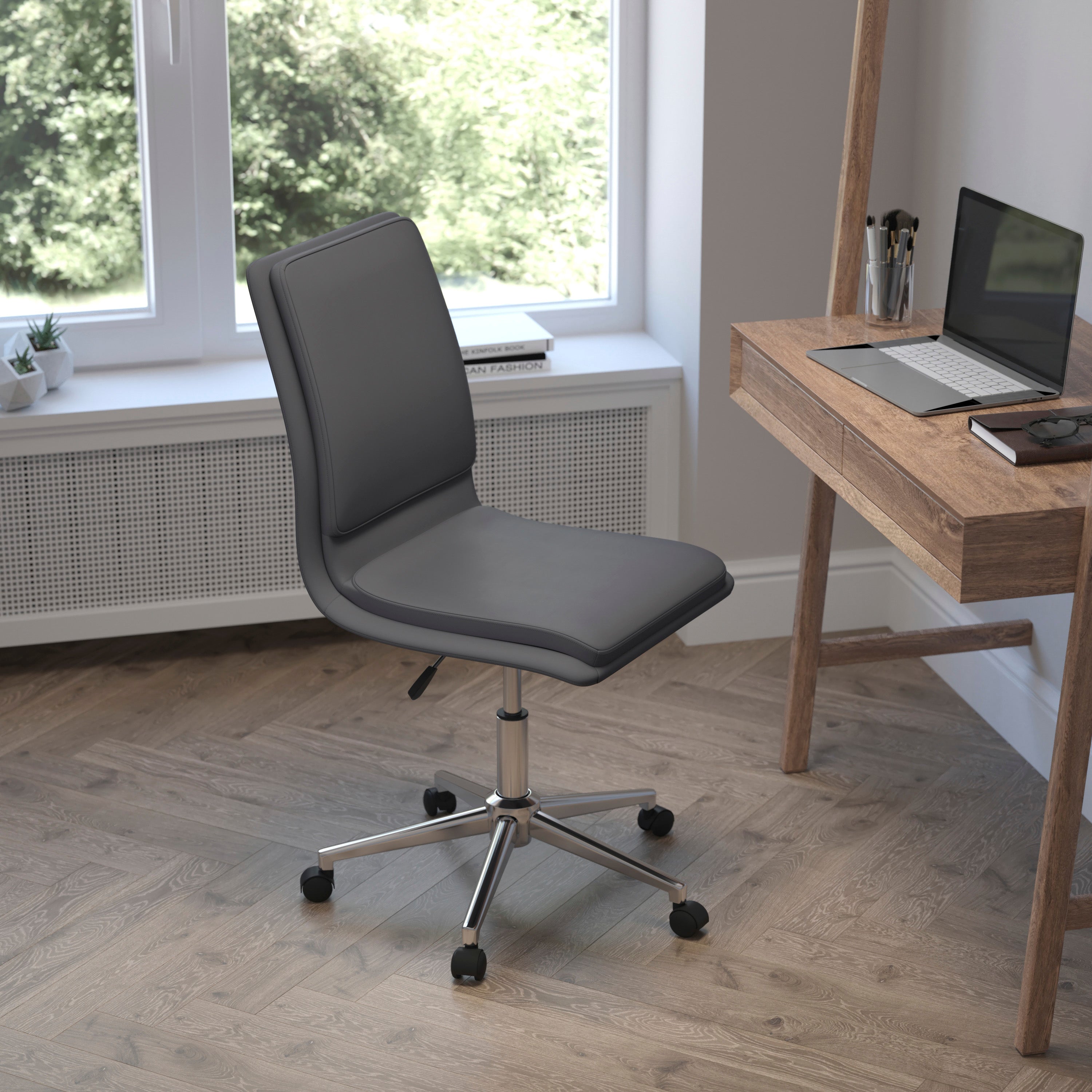 Madigan Mid-Back Armless Swivel Task Office Chair with LeatherSoft and Adjustable Chrome Base, Gray