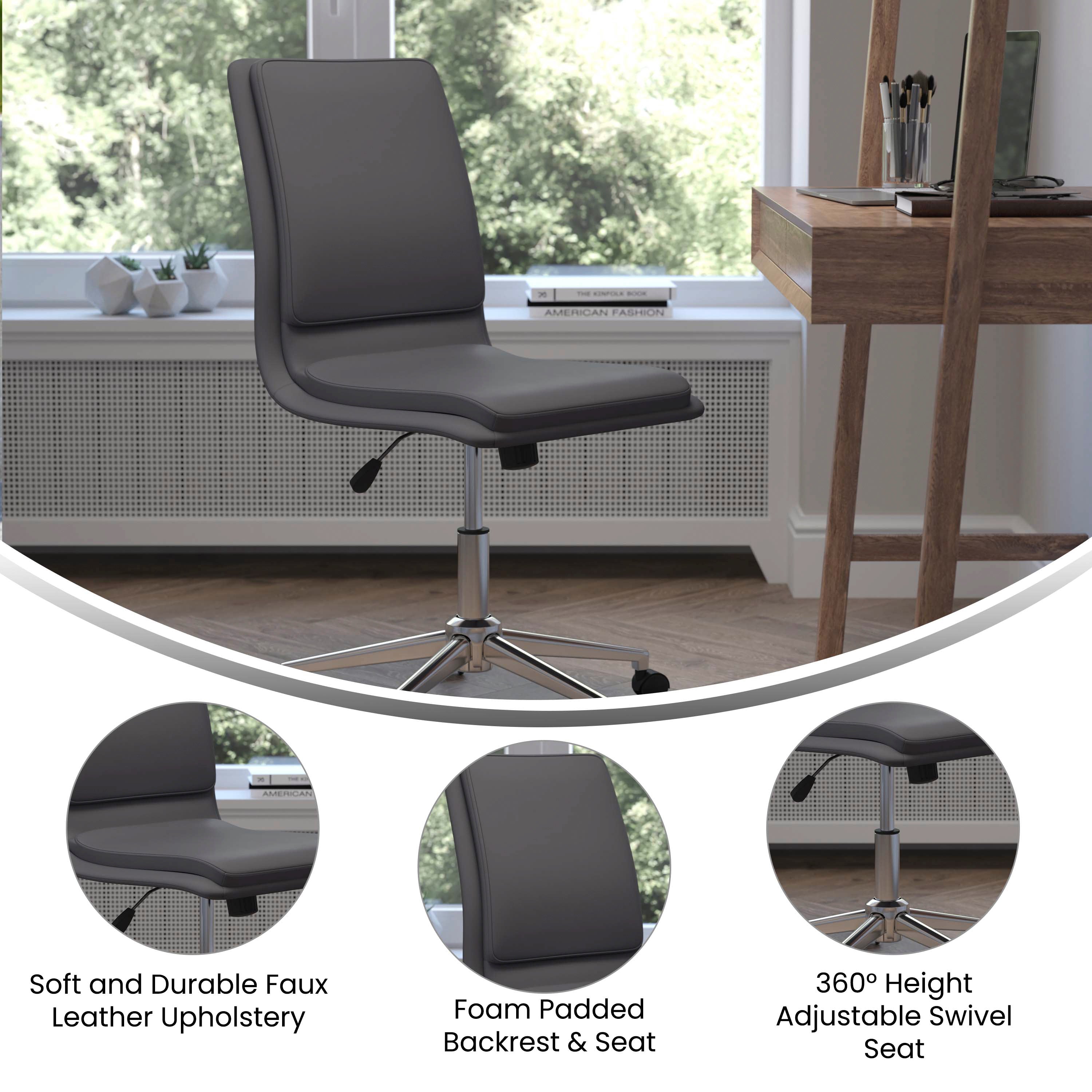 Madigan Mid-Back Armless Swivel Task Office Chair with LeatherSoft and Adjustable Chrome Base, Gray