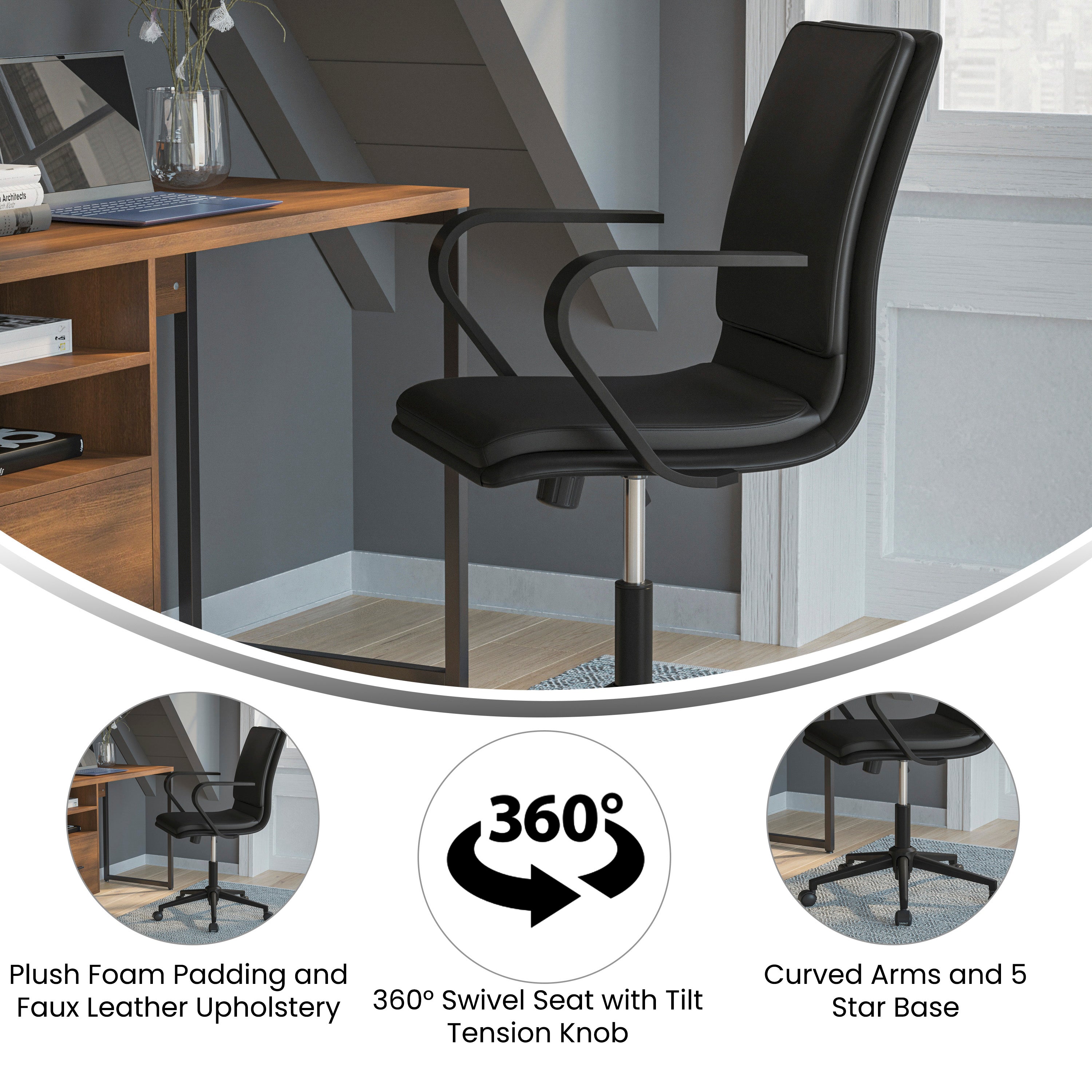 James Mid-Back Designer Executive LeatherSoft Office Chair with Black Base and Arms, Black