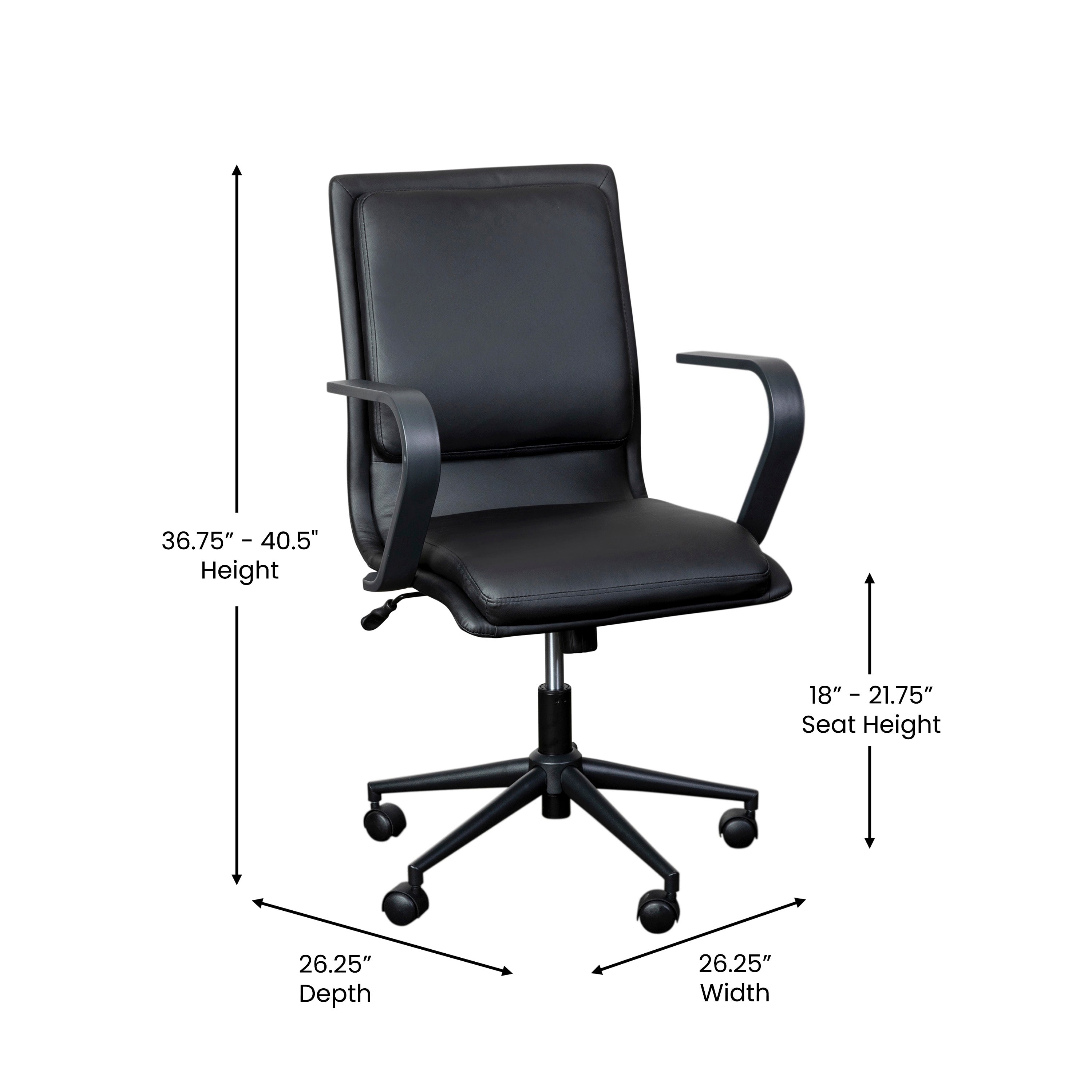 James Mid-Back Designer Executive LeatherSoft Office Chair with Black Base and Arms, Black