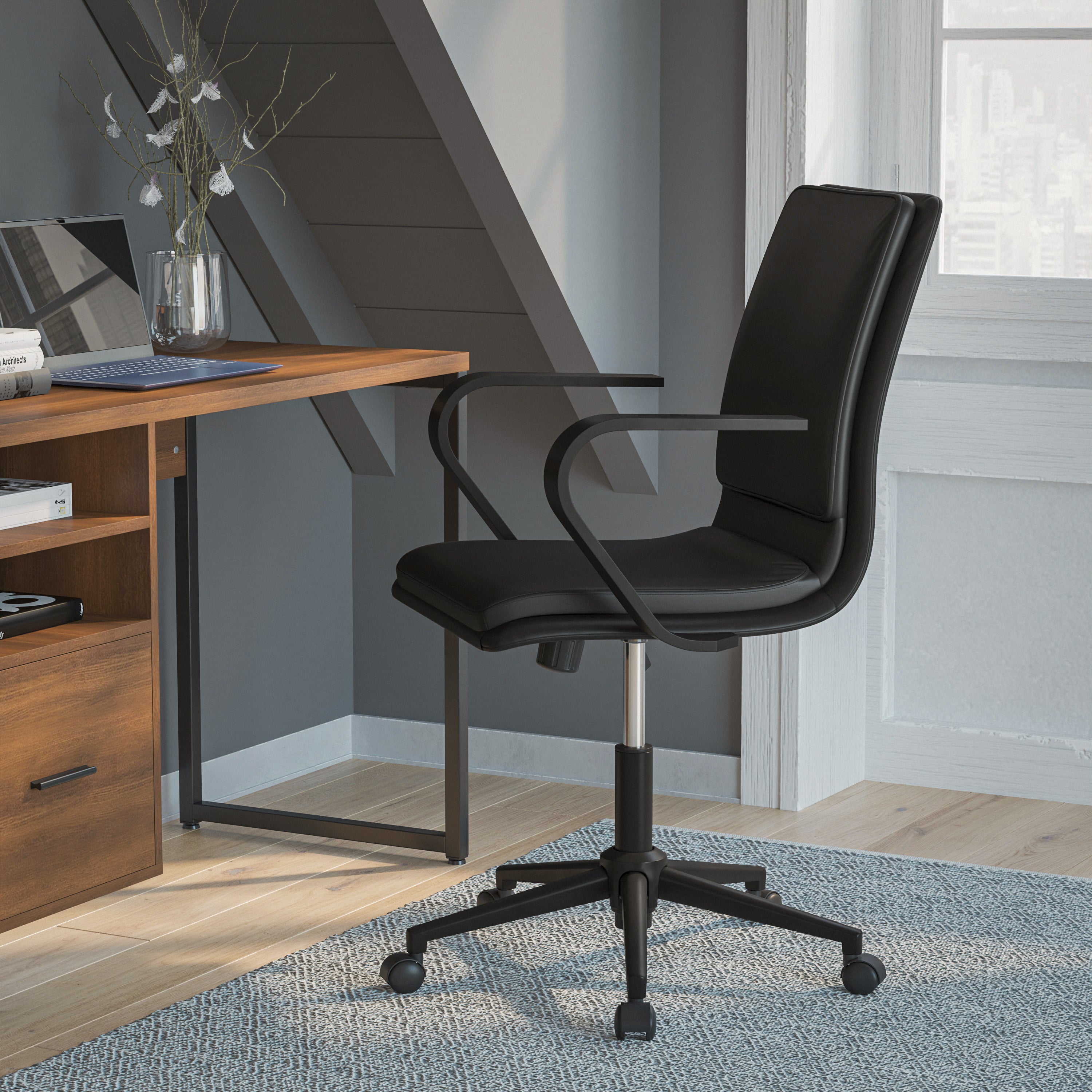 James Mid-Back Designer Executive LeatherSoft Office Chair with Black Base and Arms, Black