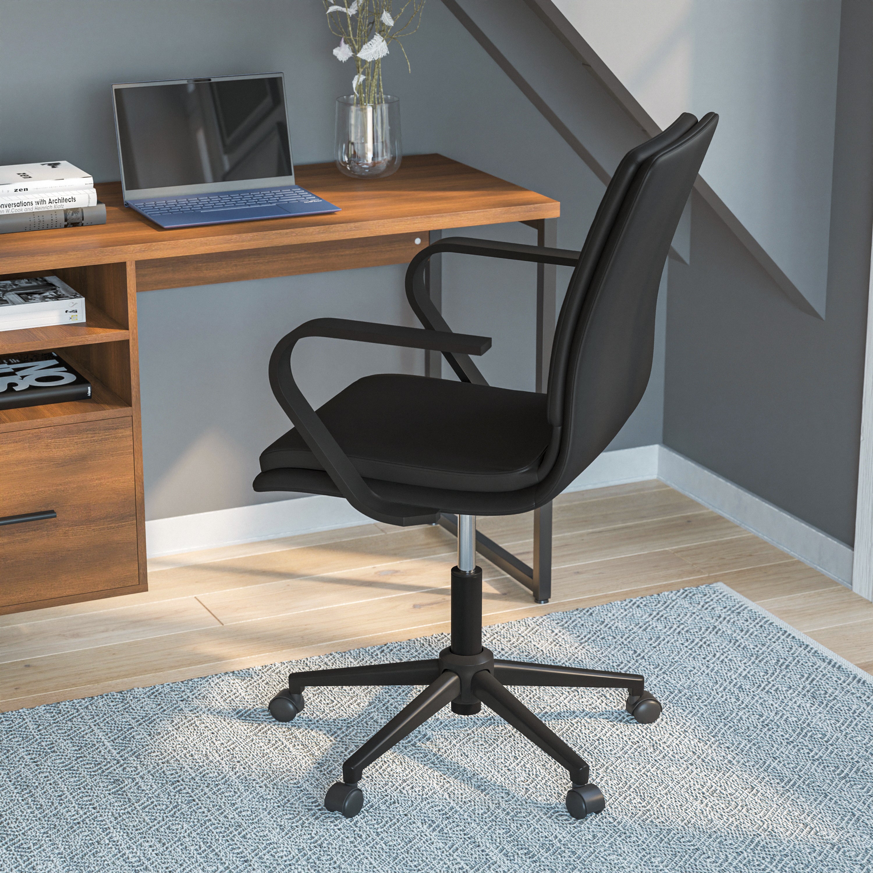 James Mid-Back Designer Executive LeatherSoft Office Chair with Black Base and Arms, Black