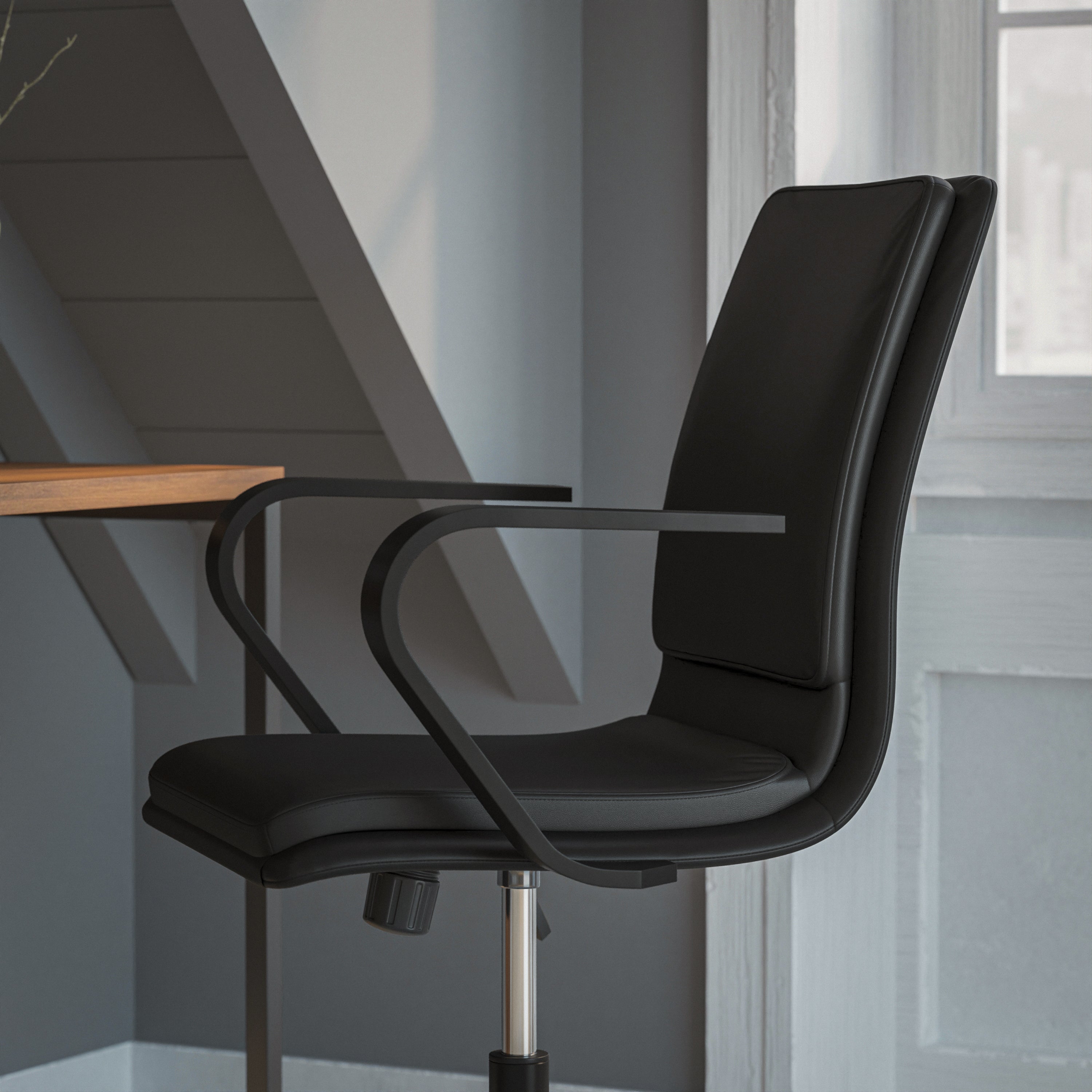 James Mid-Back Designer Executive LeatherSoft Office Chair with Black Base and Arms, Black
